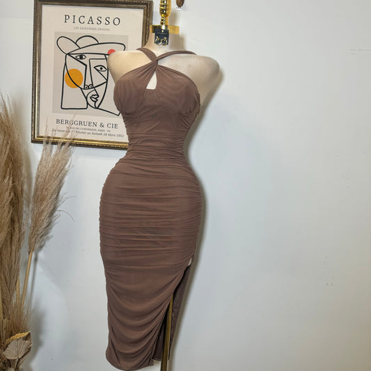 Inara Mesh Twist Halter Neck Midi Dress-Brown
