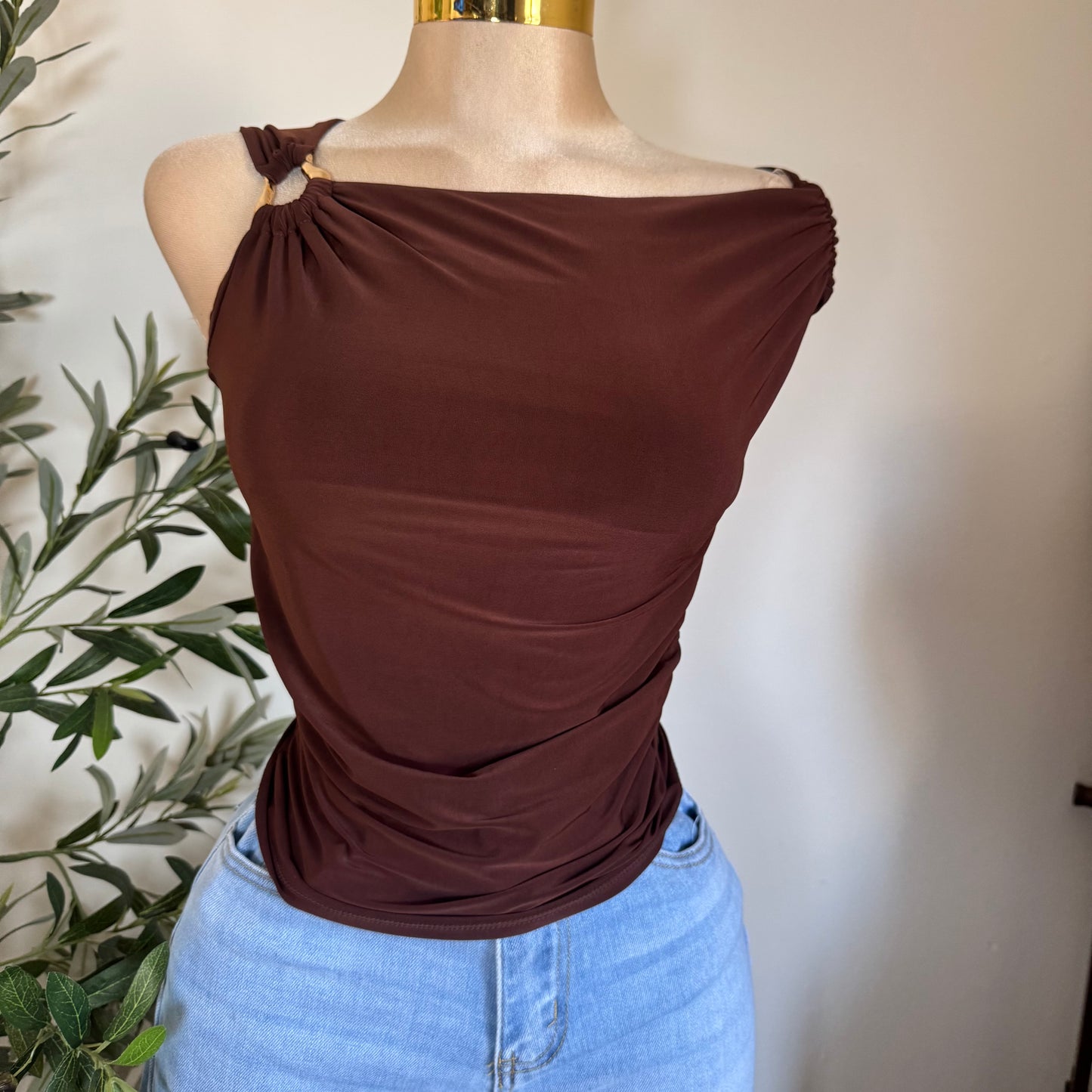 Asymmetrical Top with Gold Detail -Brown