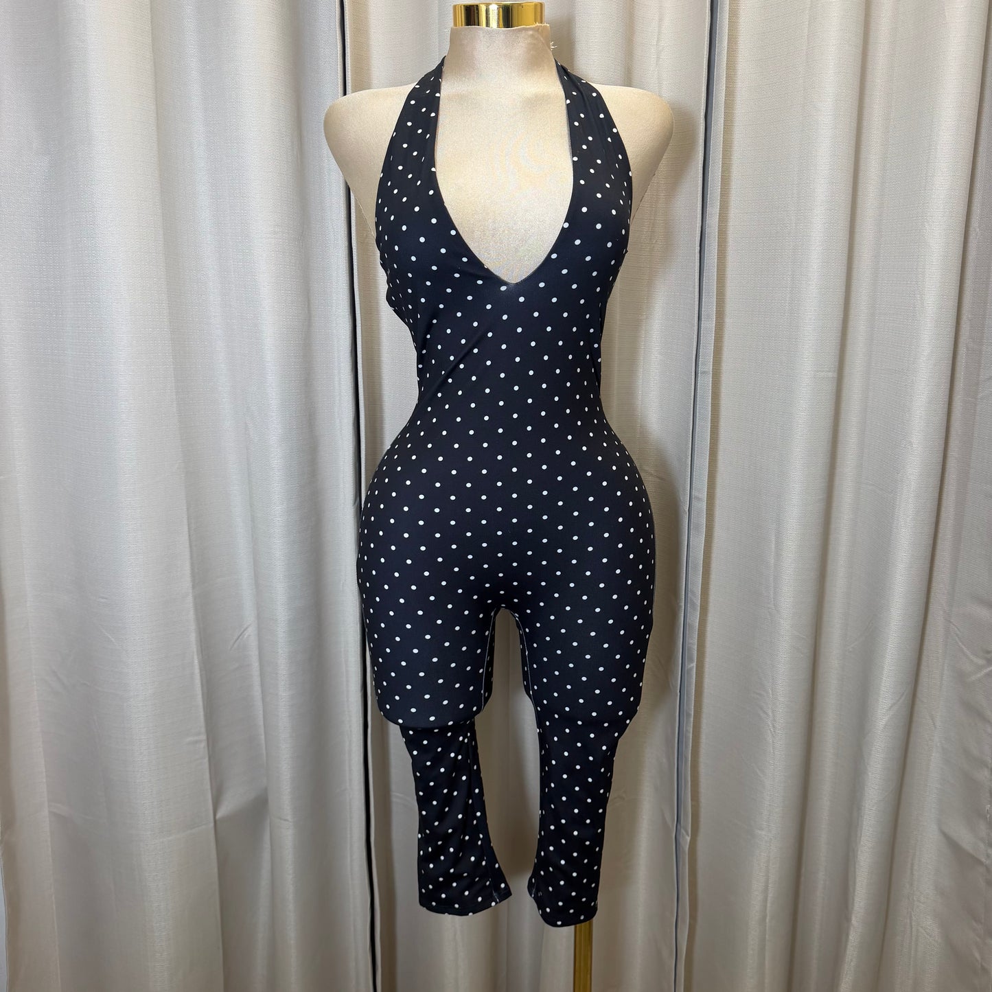Halter Polka Dot Jumpsuit-Black/white