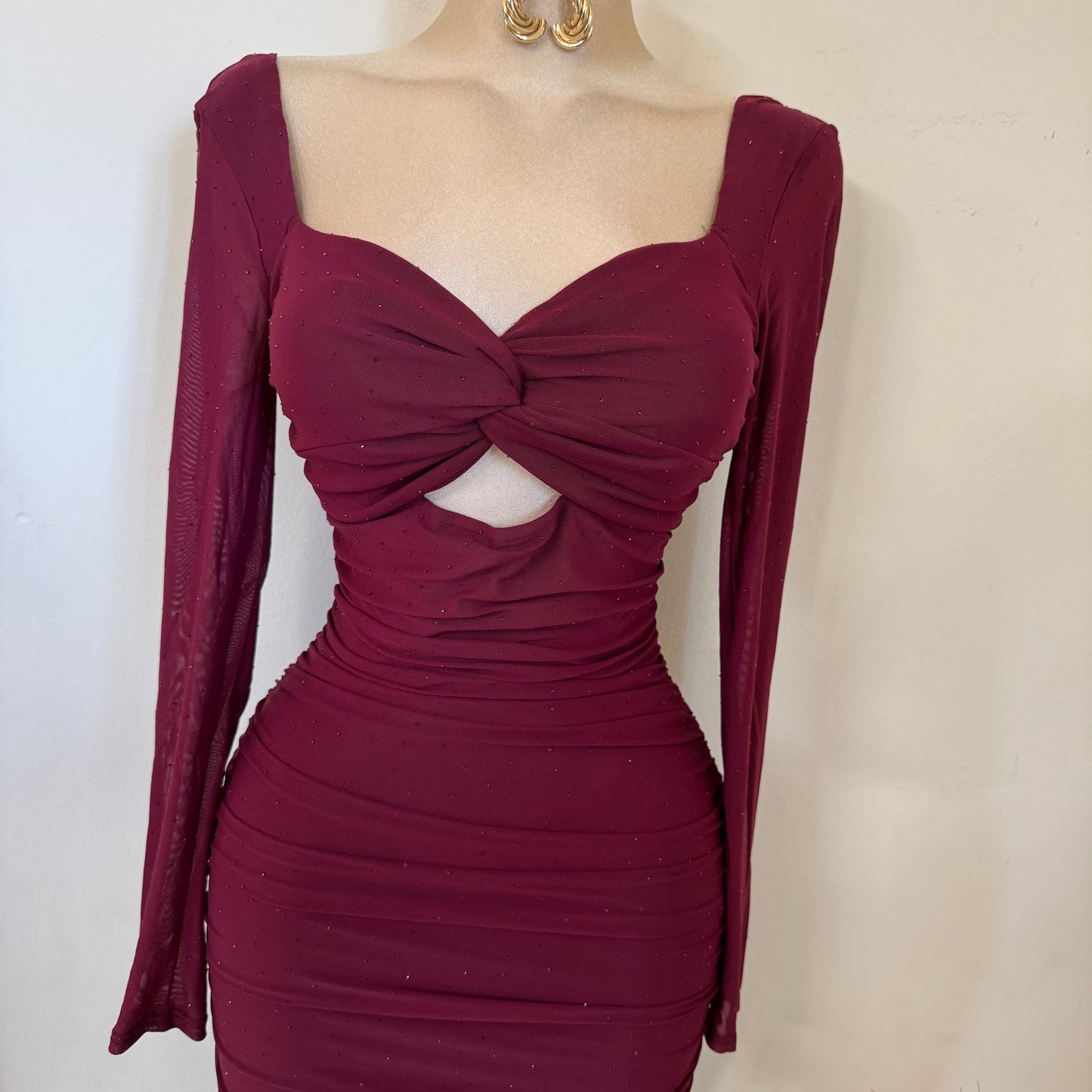 Sweet Heart Long Sleeve Rucing Rhinestone Midi Dress- Burgundy