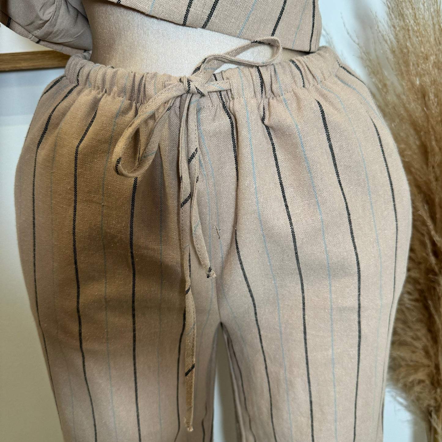 Knot Linen Pant Set-Beige with Black and Blue Stripes