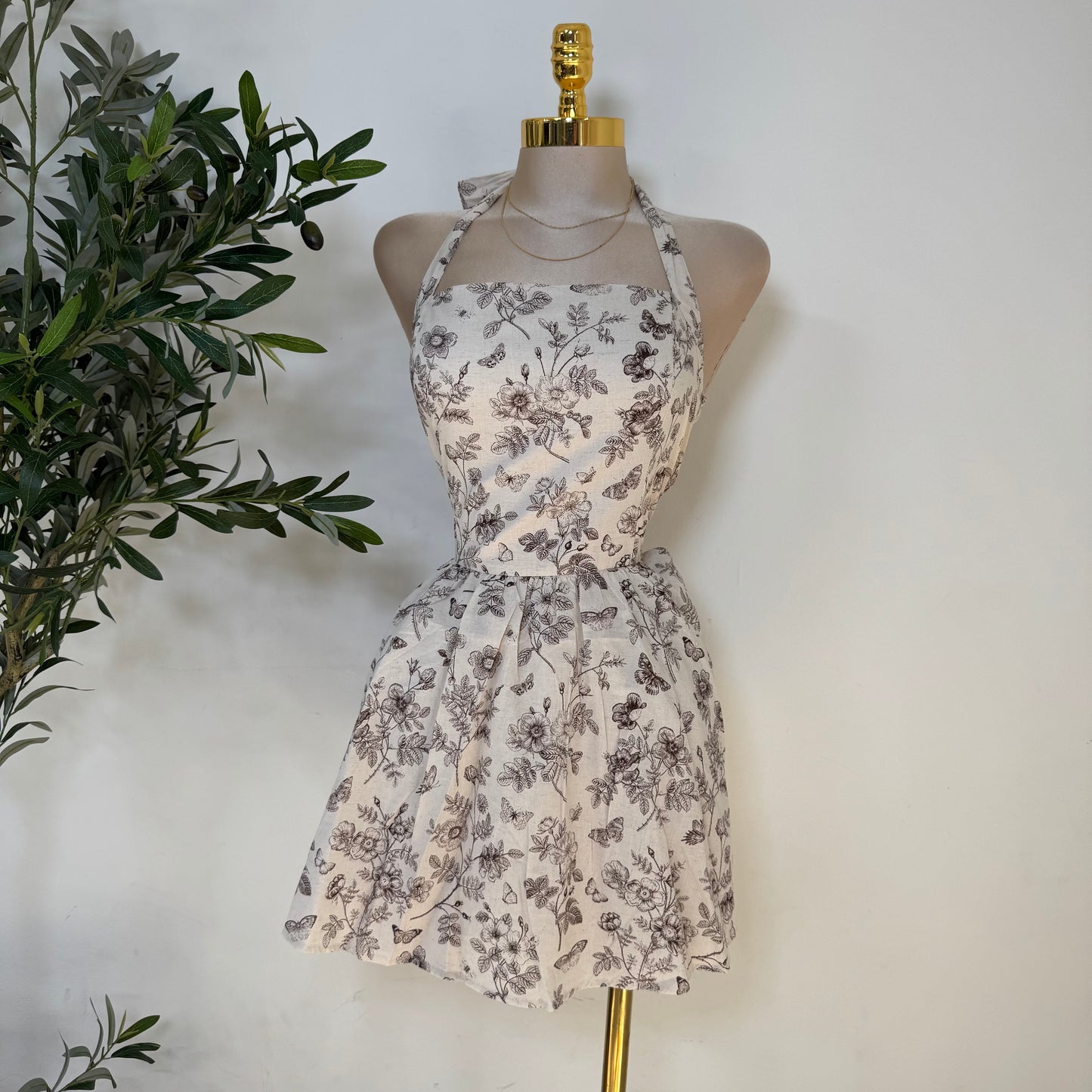 Halter Ballon Dress-Cream/Brown