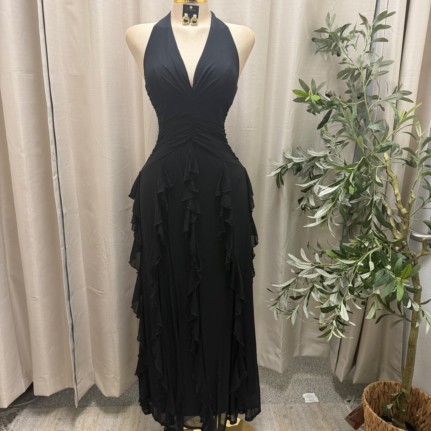 V-NECK HALTER CASCADE RUFFLE MAXI DRESS-Black