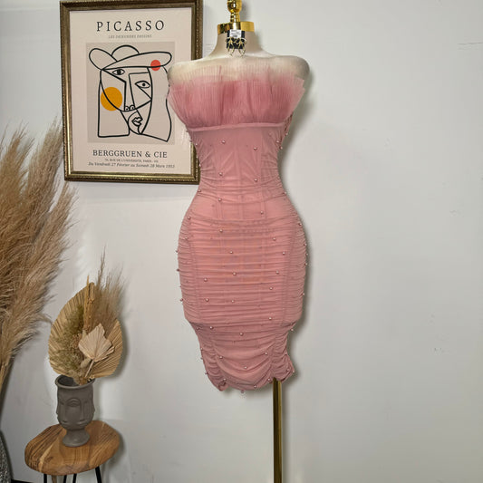 Pearl Bead On Power Mesh Midi Dress-Blush