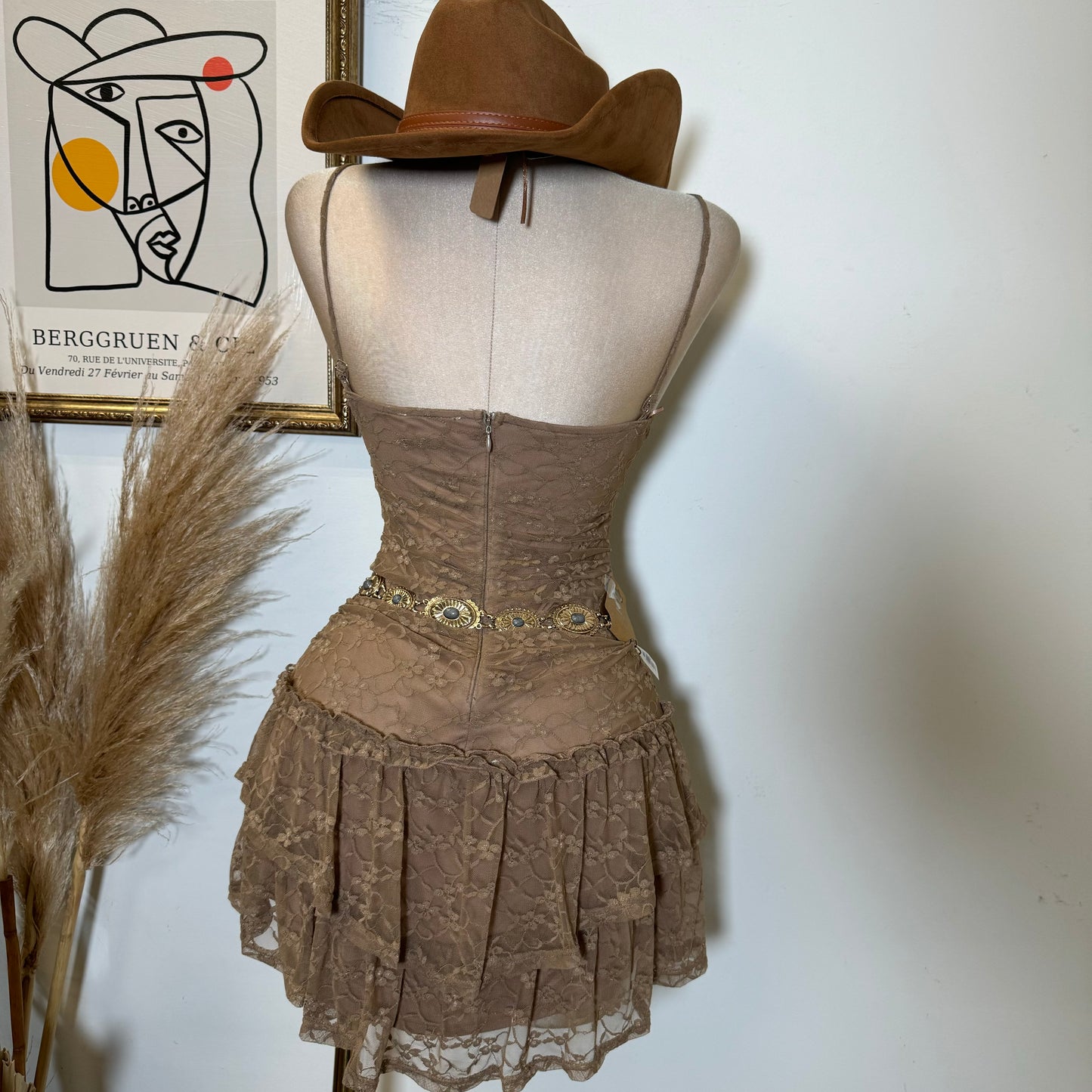 Lace Ruffle Mini Dress-Mocha