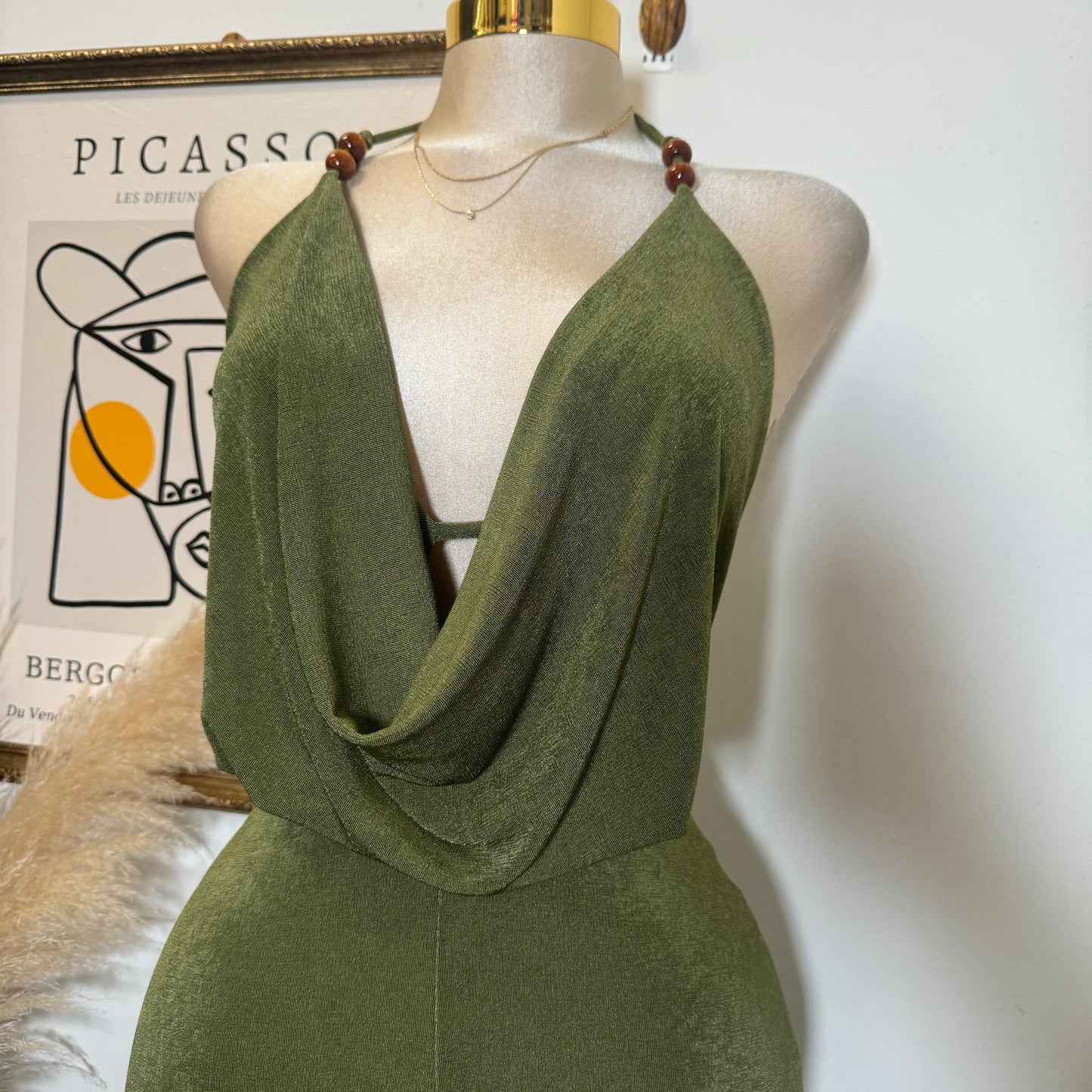 Bead Cowl Neck Halter Jumpsuit-Green