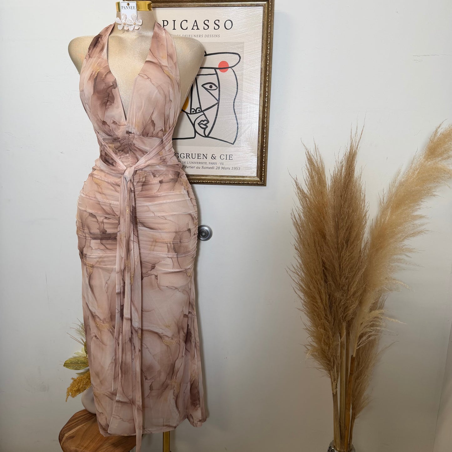 Metallic Mesh Print Maxi Dress with Front Sash-Cappuccino