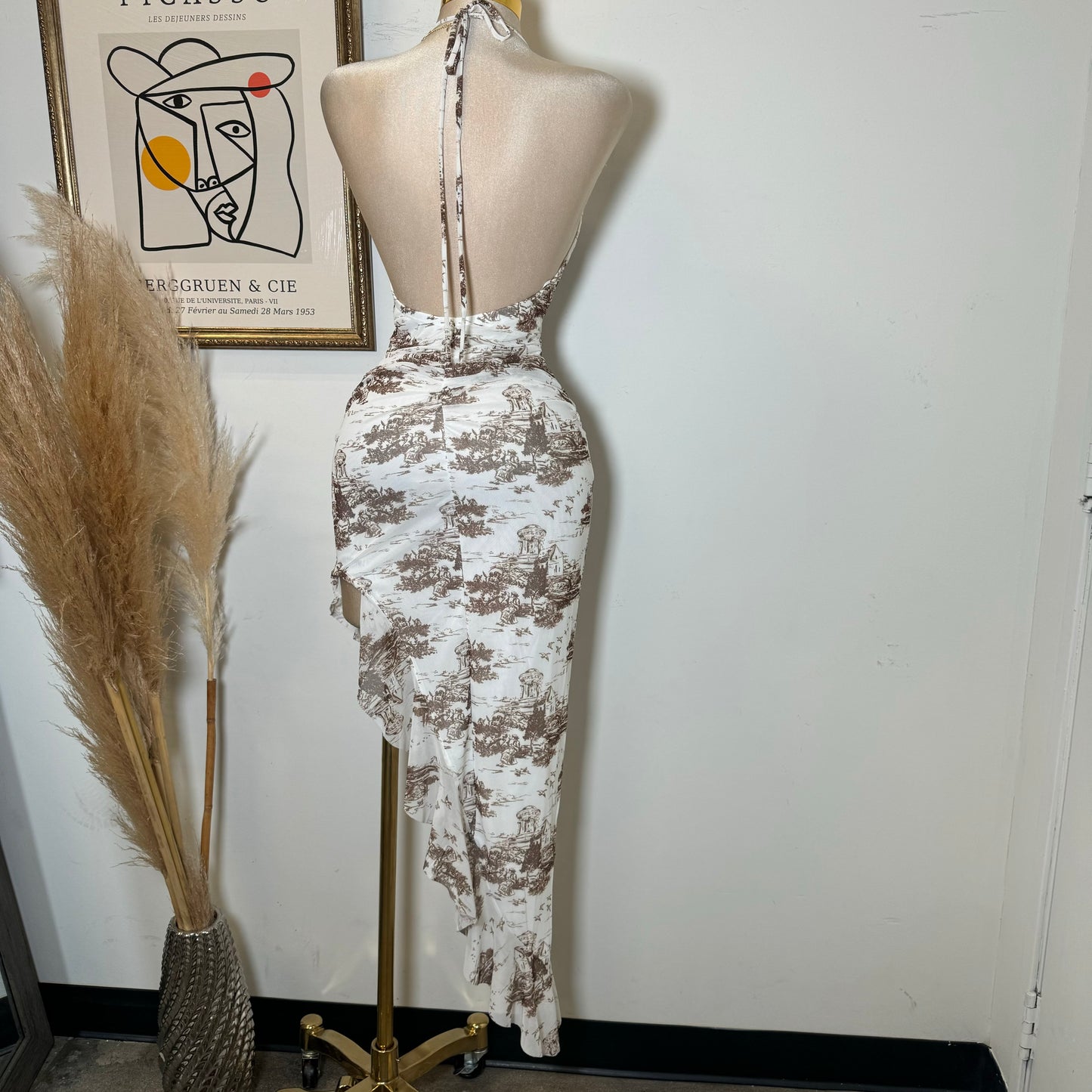 Mesh Open Slit Halter Dress-Brown