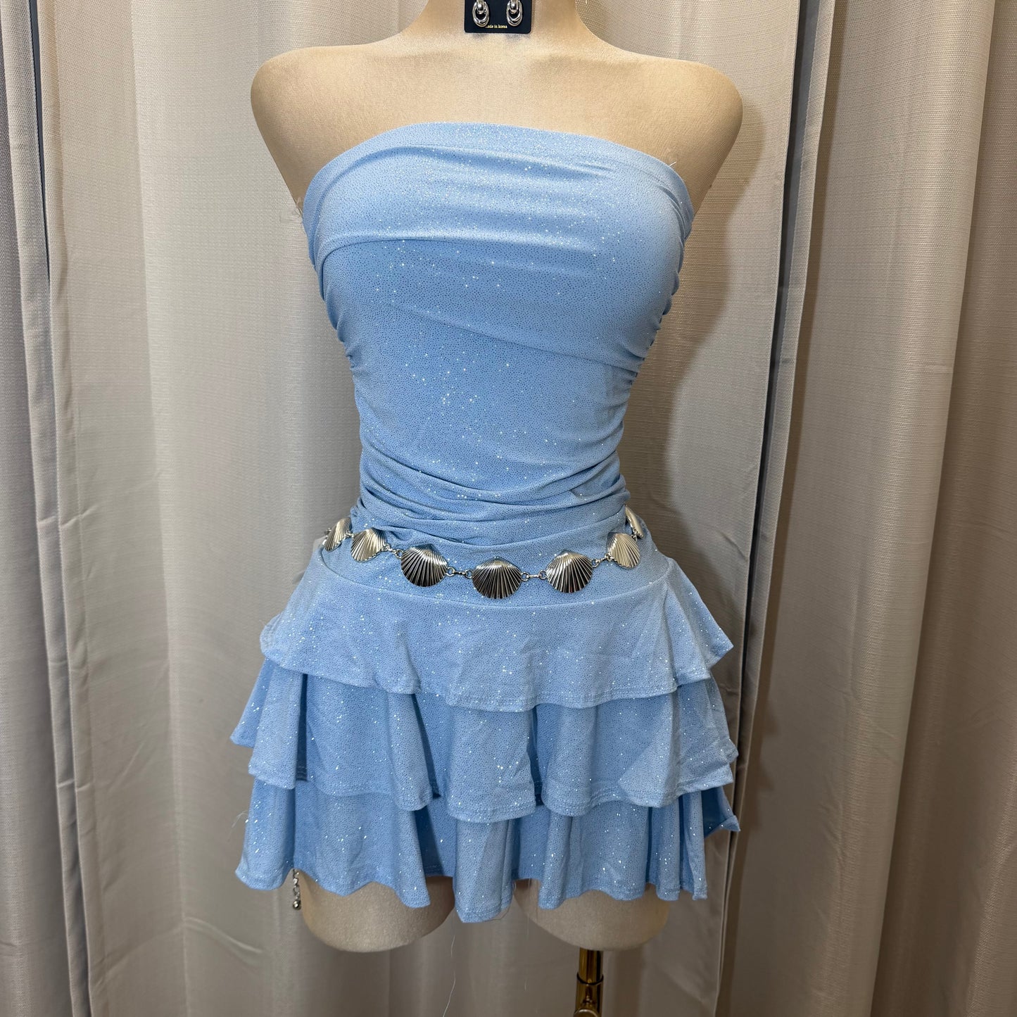 Glitter Strapless Tube Flare Dress-Blu