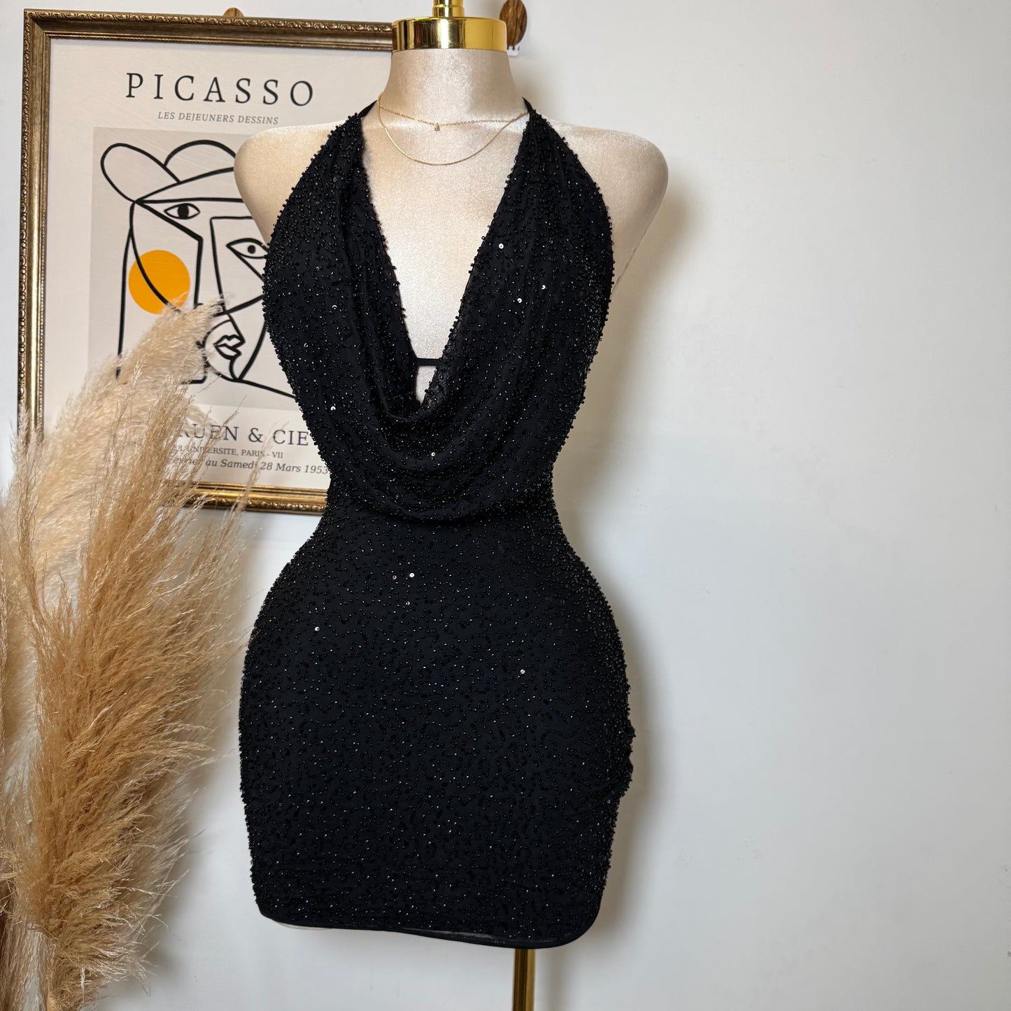 Beads Mesh Halter Neck Mini Dress-Black