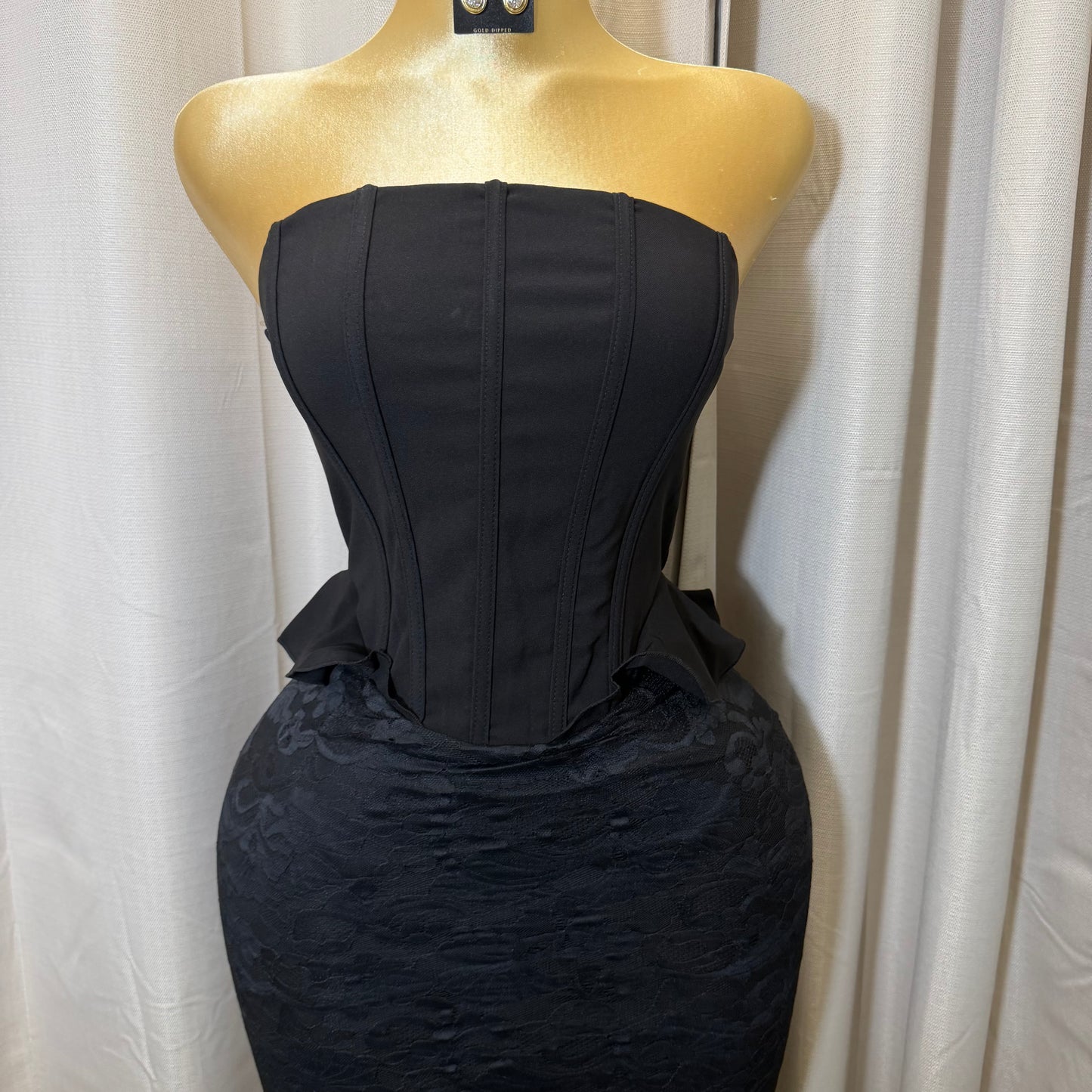 Strapless Corset Lace Midi Dress-Black