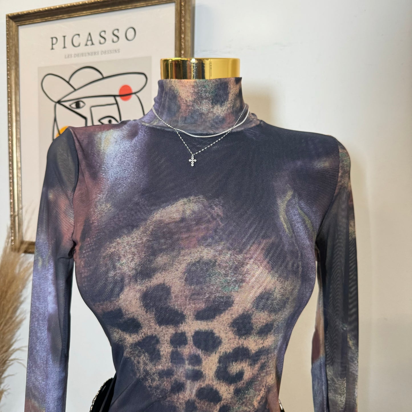 TORY Mesh Long Sleeve Dress-Multi Cheetah Print