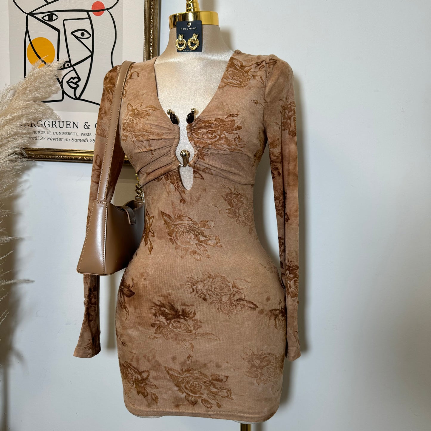 Brushed Knit Velvet Flocking Long Dress-Camel