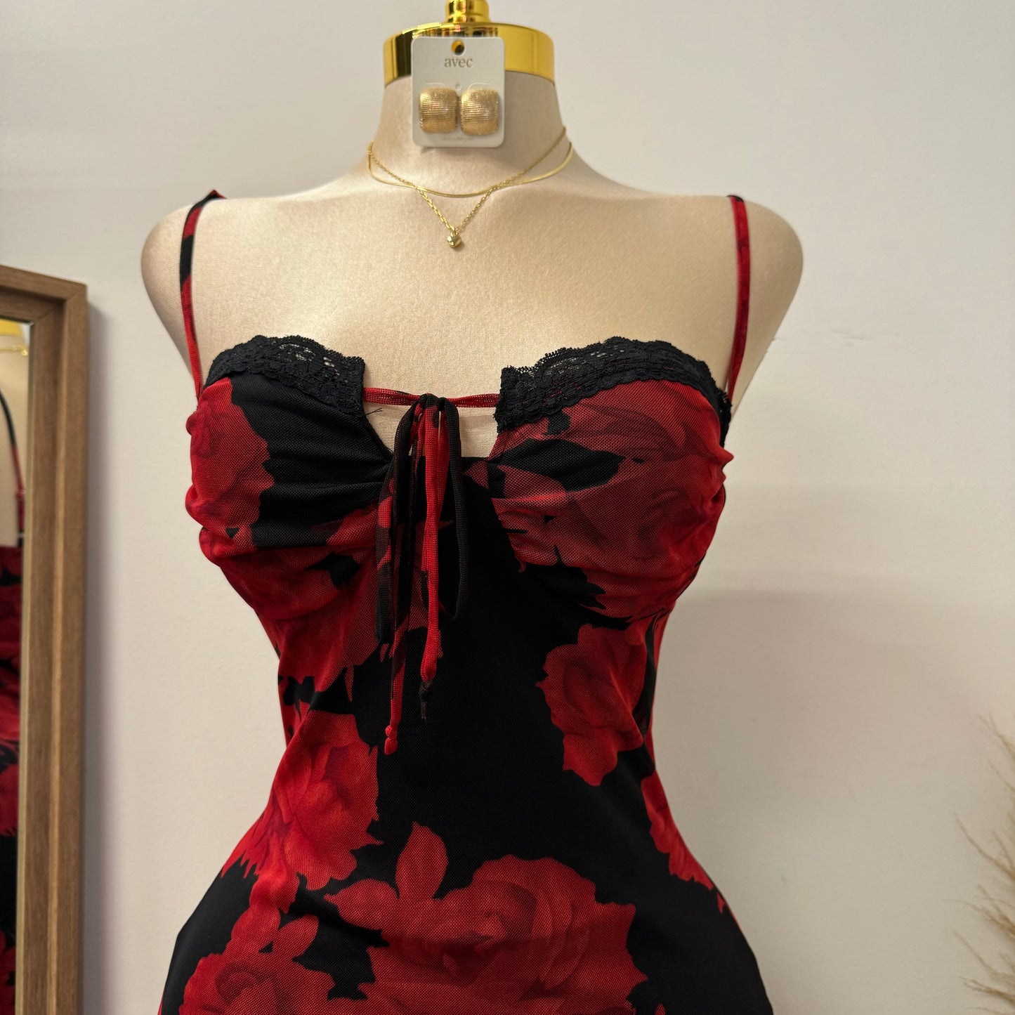 Rose Mesh Spaghetti Dress-Black/Red