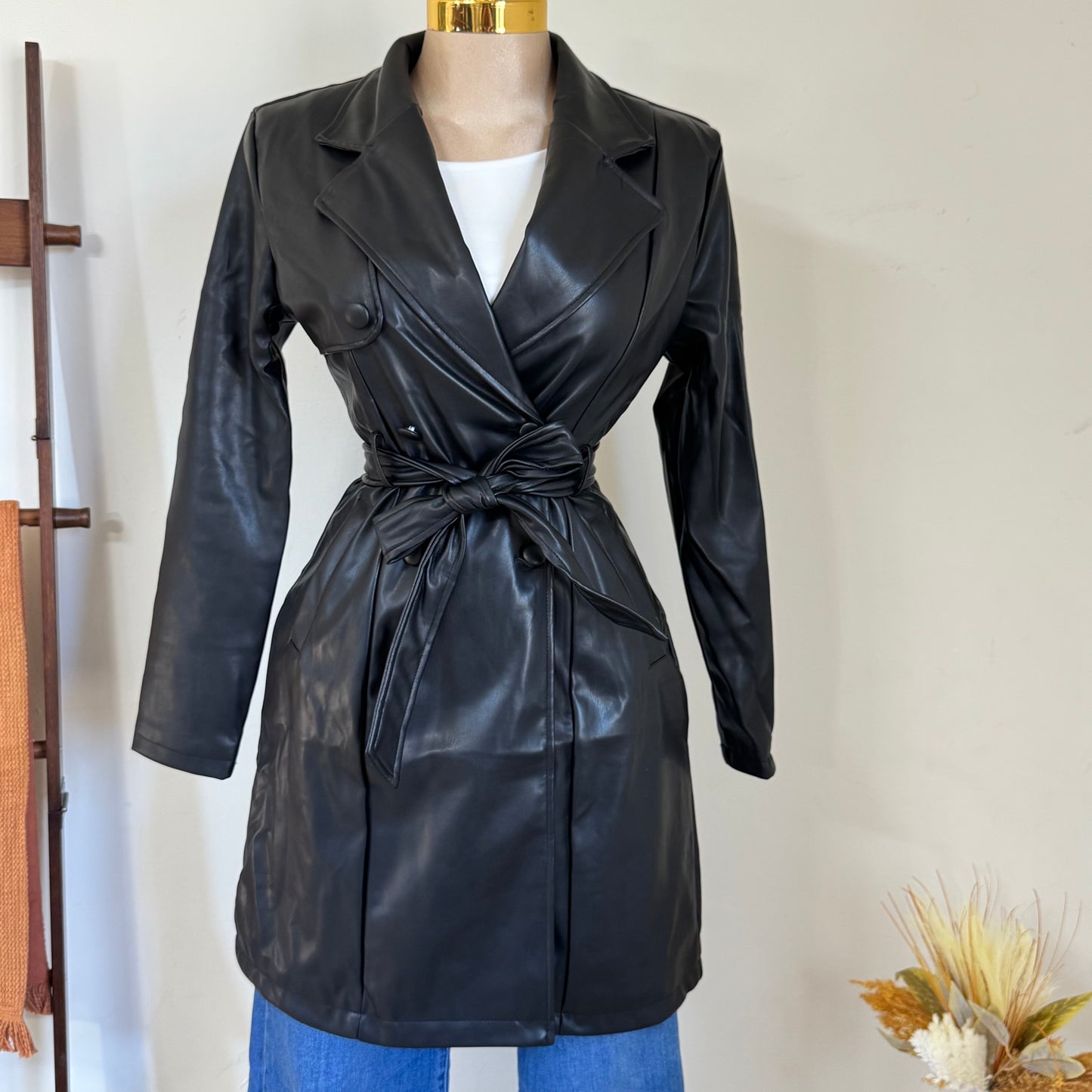 PU double Breasted Belted Trench Coat-Black