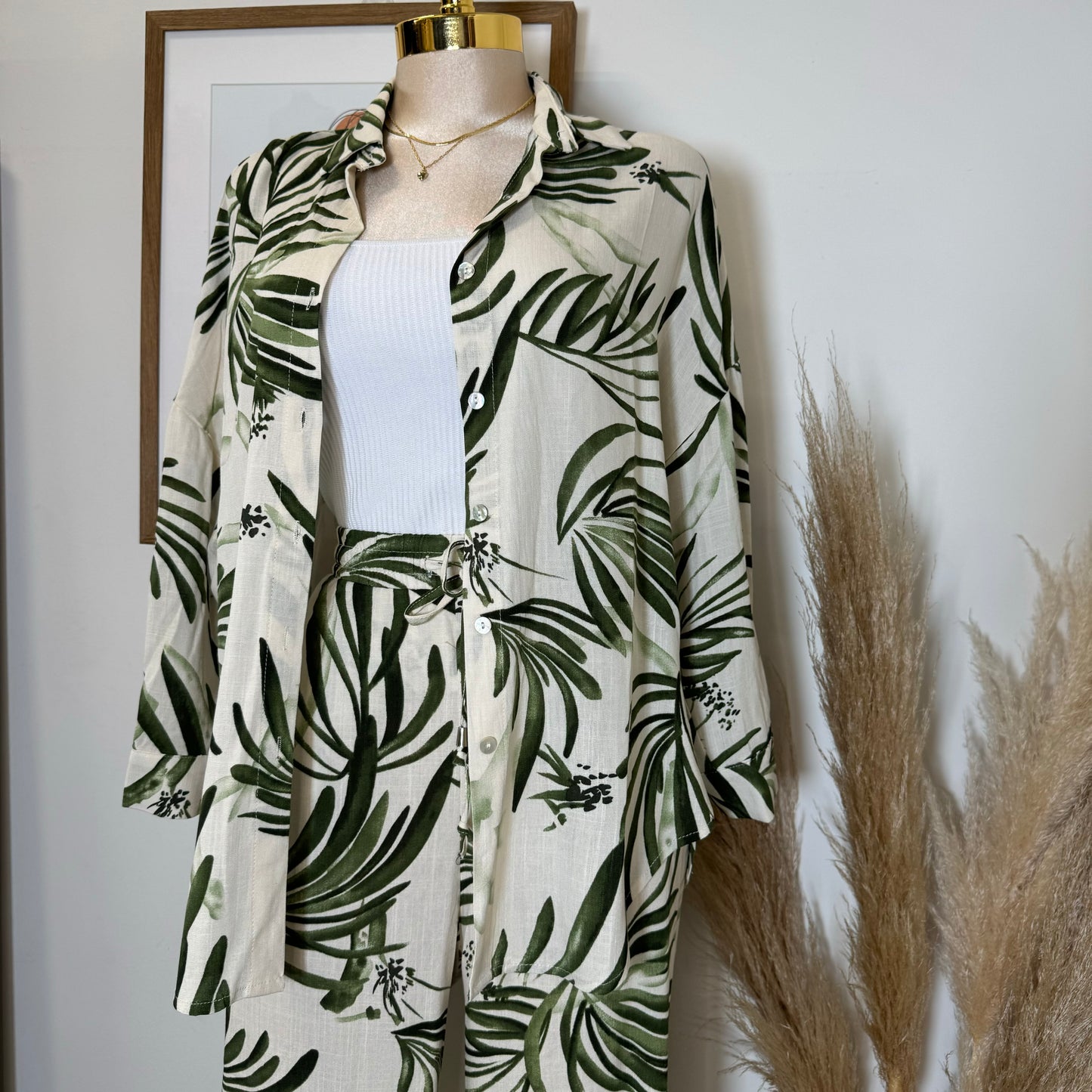 Palm Linen Pant Set-Green/white