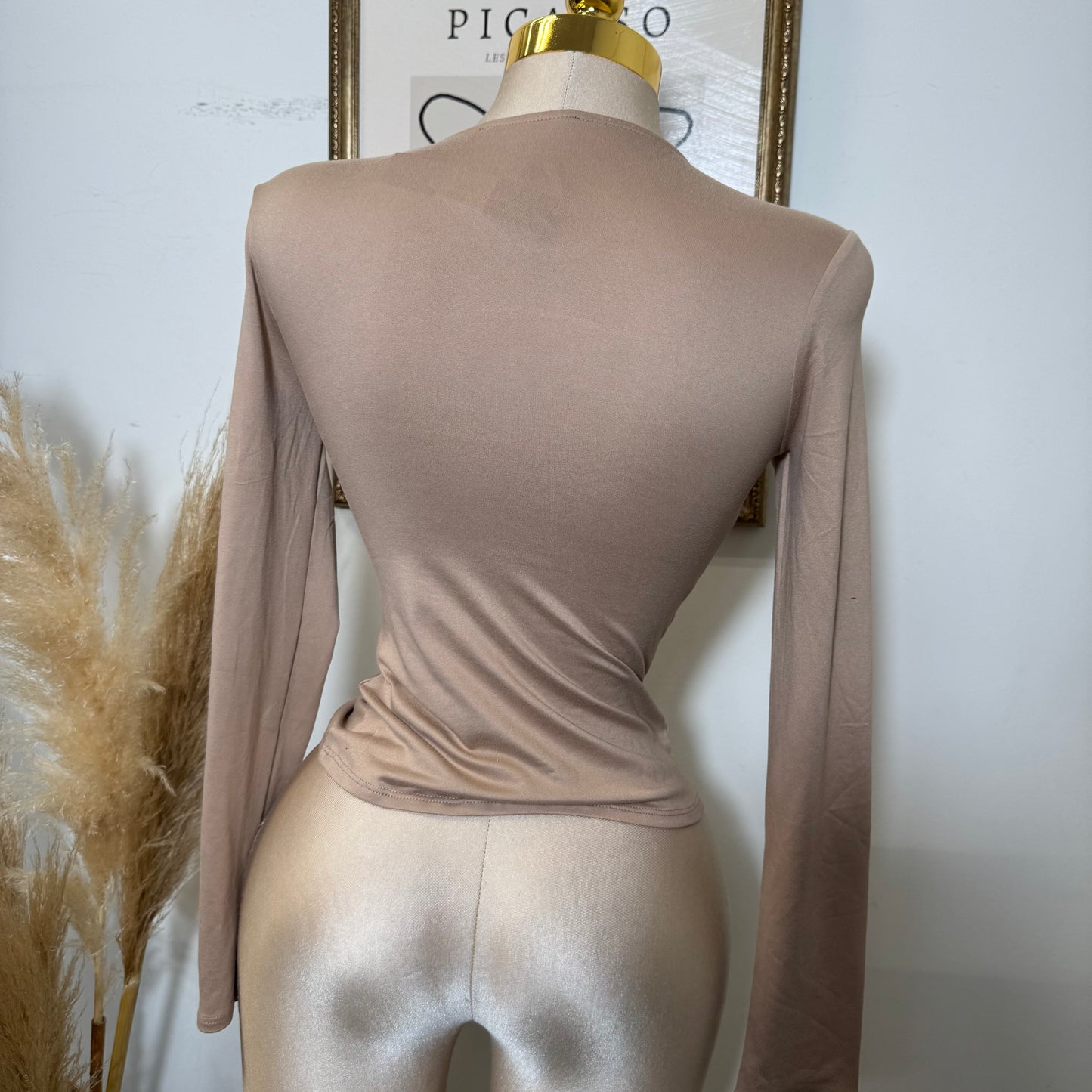 Ruched V-Neck Long Sleeve Double Layered Top-Khaki