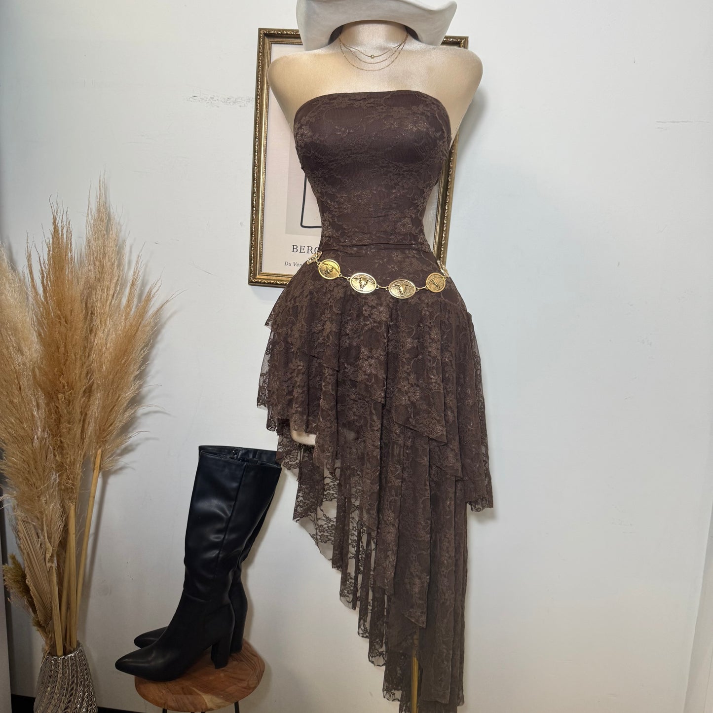 Lace Double Layer Ruffle Asymmetrical Maxi Dress-Brown