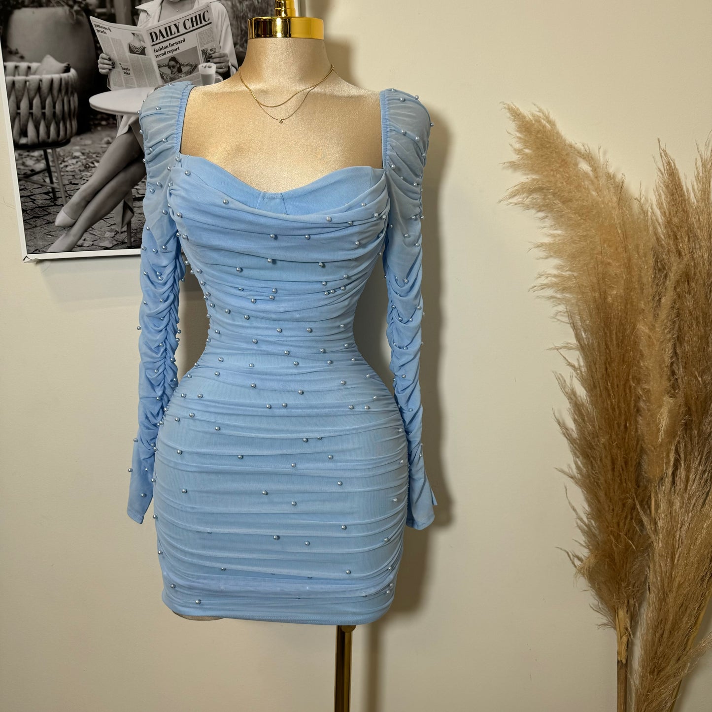 Meghan Pearl Mesh Dress-Baby Blue