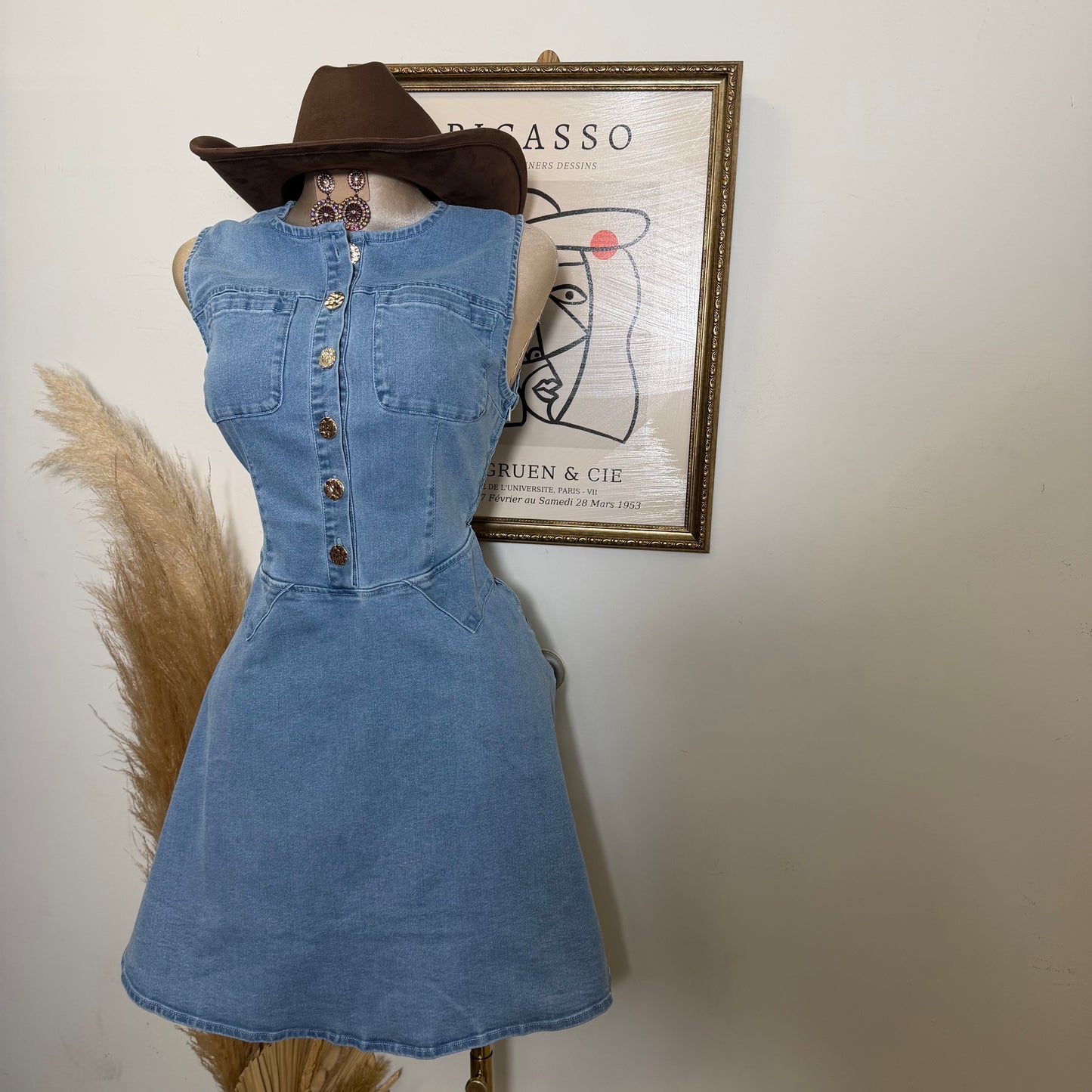 Round Neck Midi Denim Dress-LT Blue