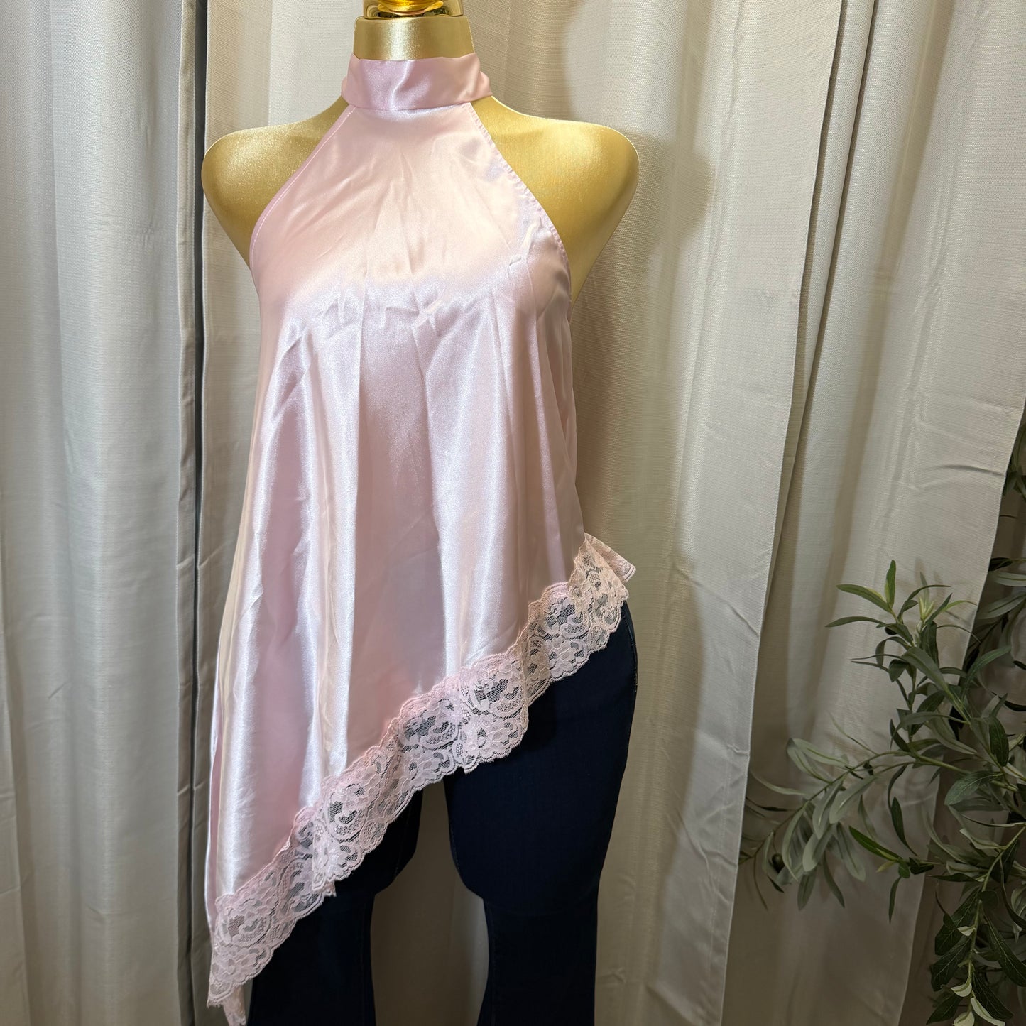 Asymmetrical Satin Top-Baby Pink