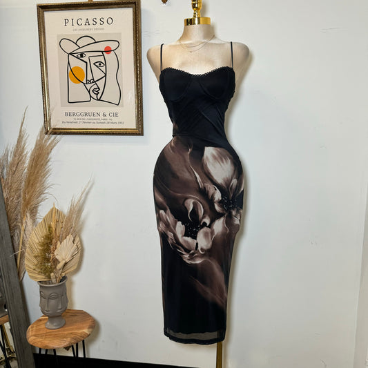 Alivis Mesh Spaghetti Dress-Black/Brown