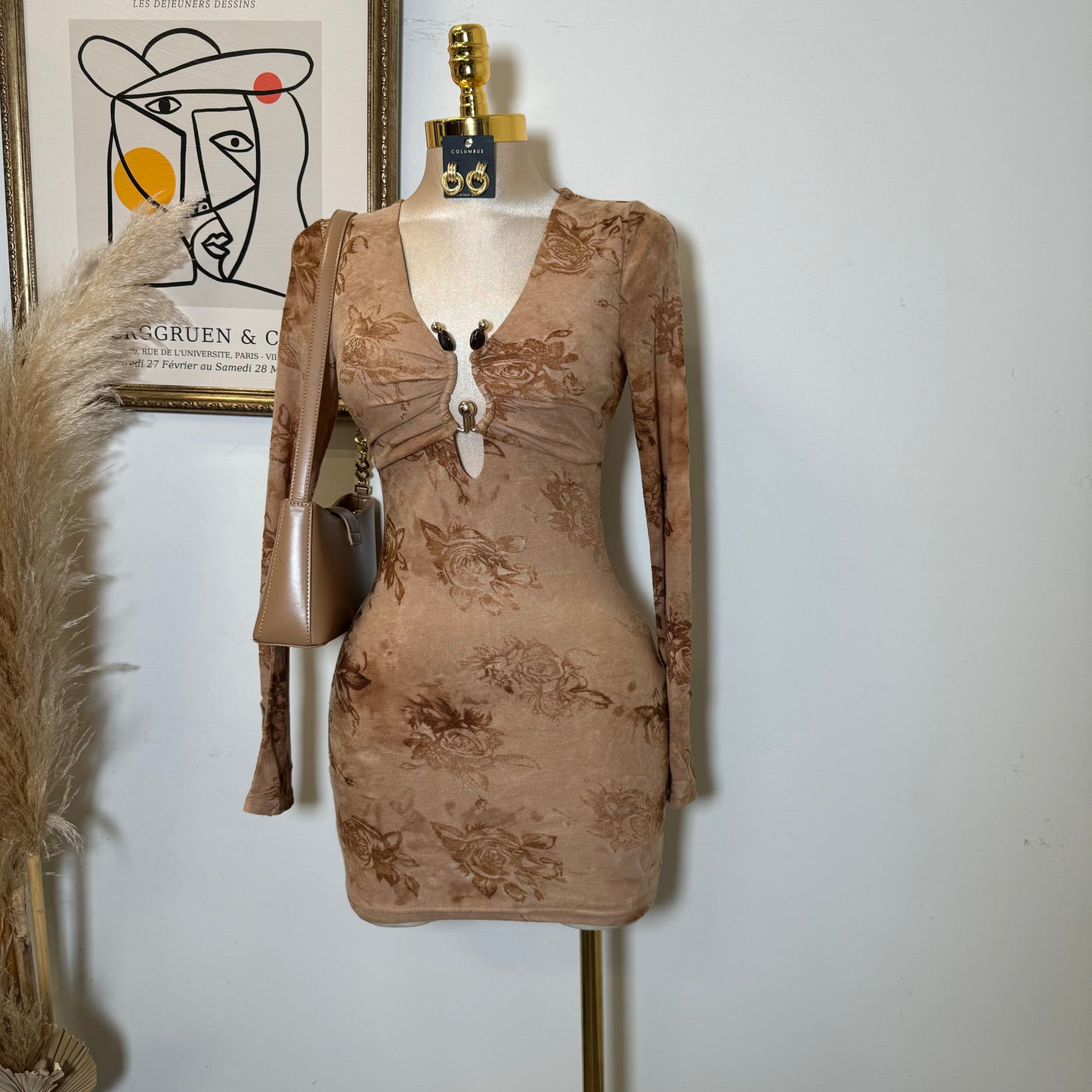 Brushed Knit Velvet Flocking Long Dress-Camel