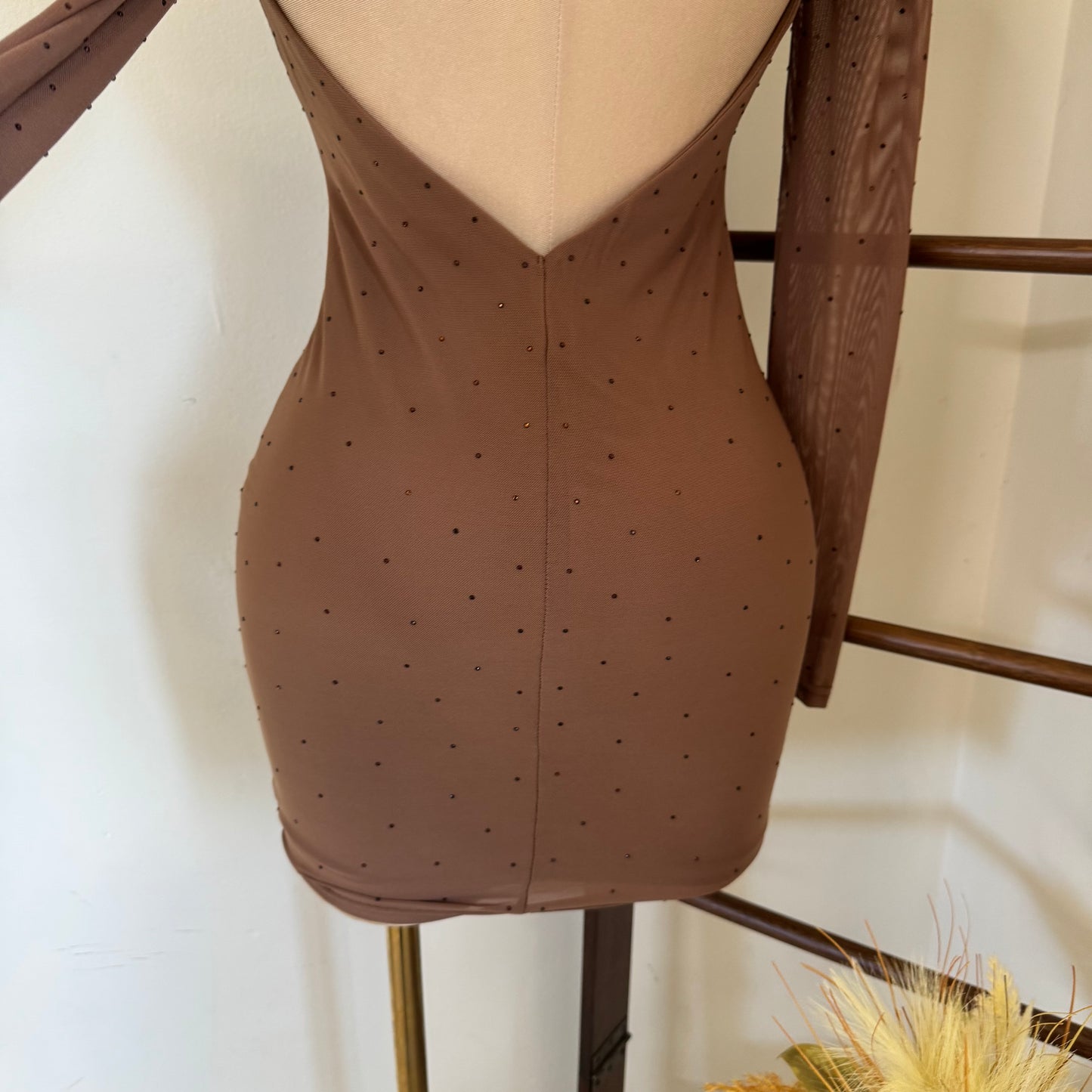 Mesh Mock Dress Rhinestone Open Back Mini Dress-Mocha