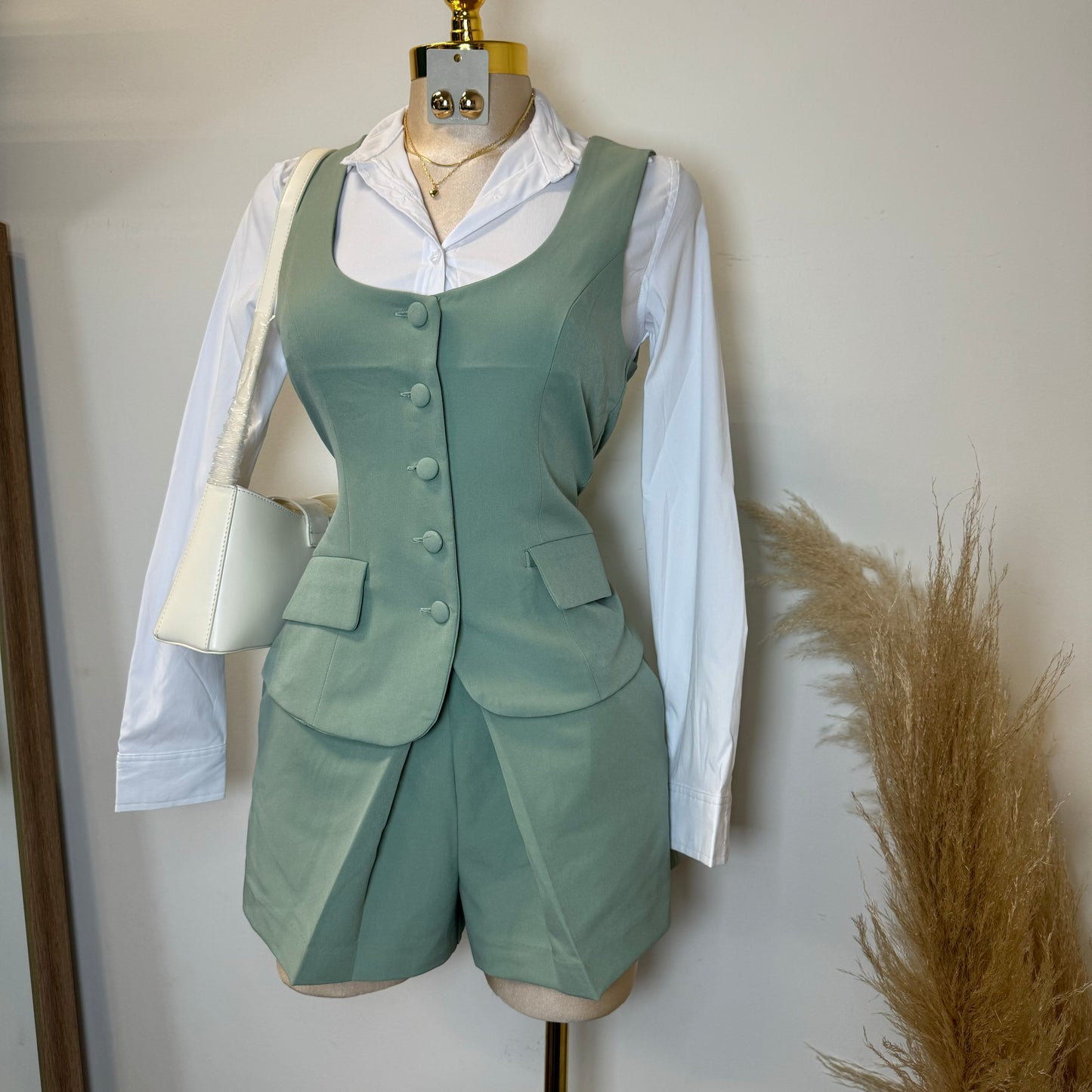 Chic Vest and Skort Set-Sage Green