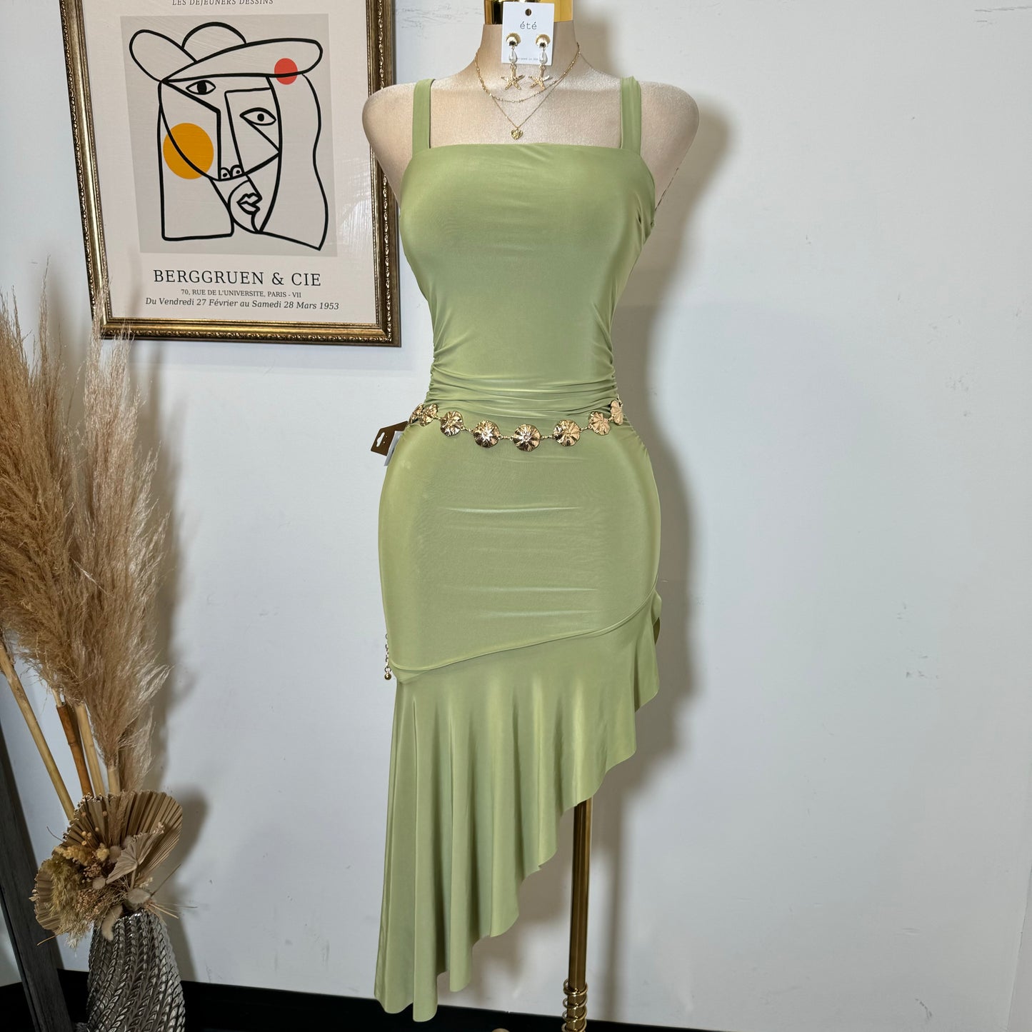 Silky Ruffle Open Slit Dress-Green