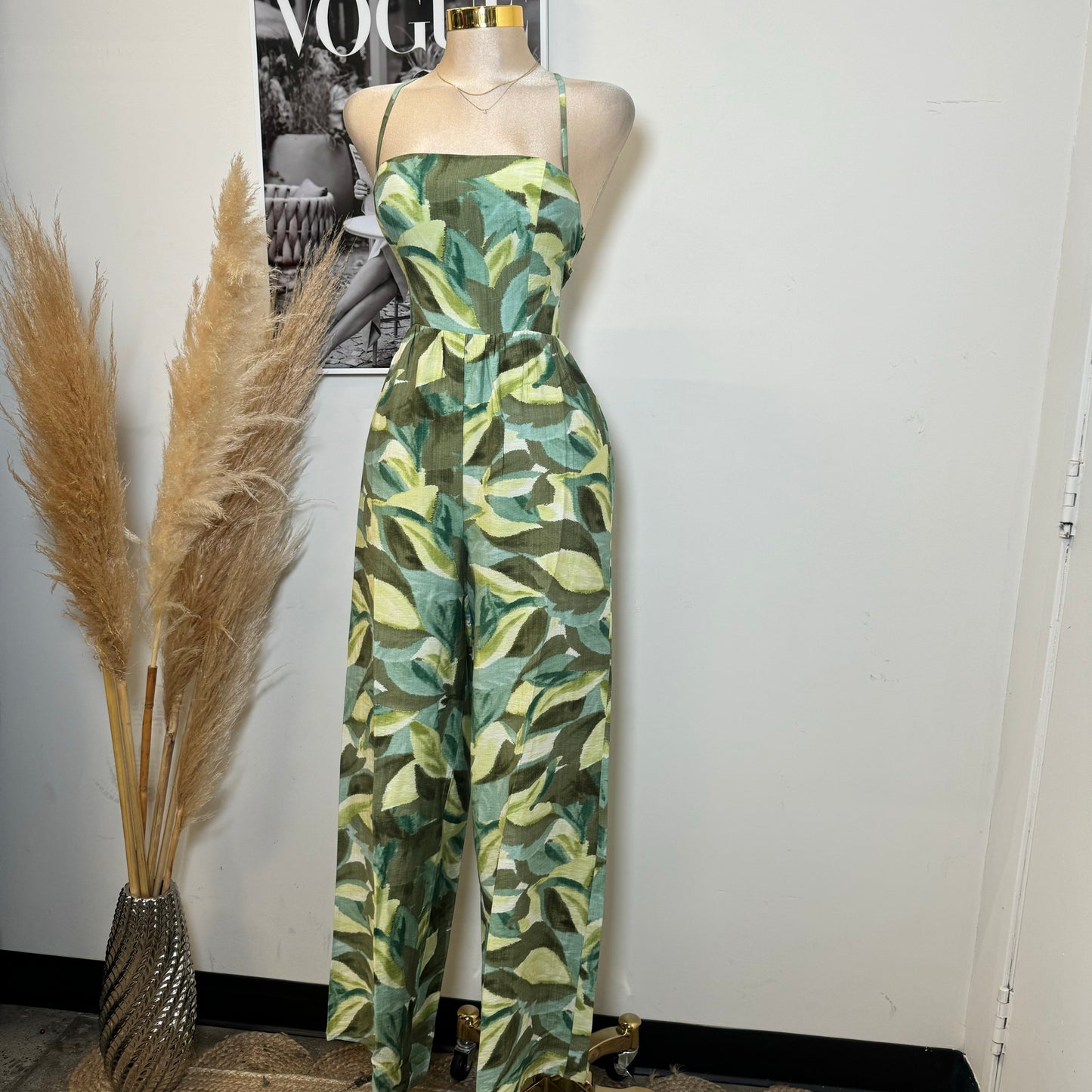 Linen Print Square Neck Back Lace up Jumpsuit-Green