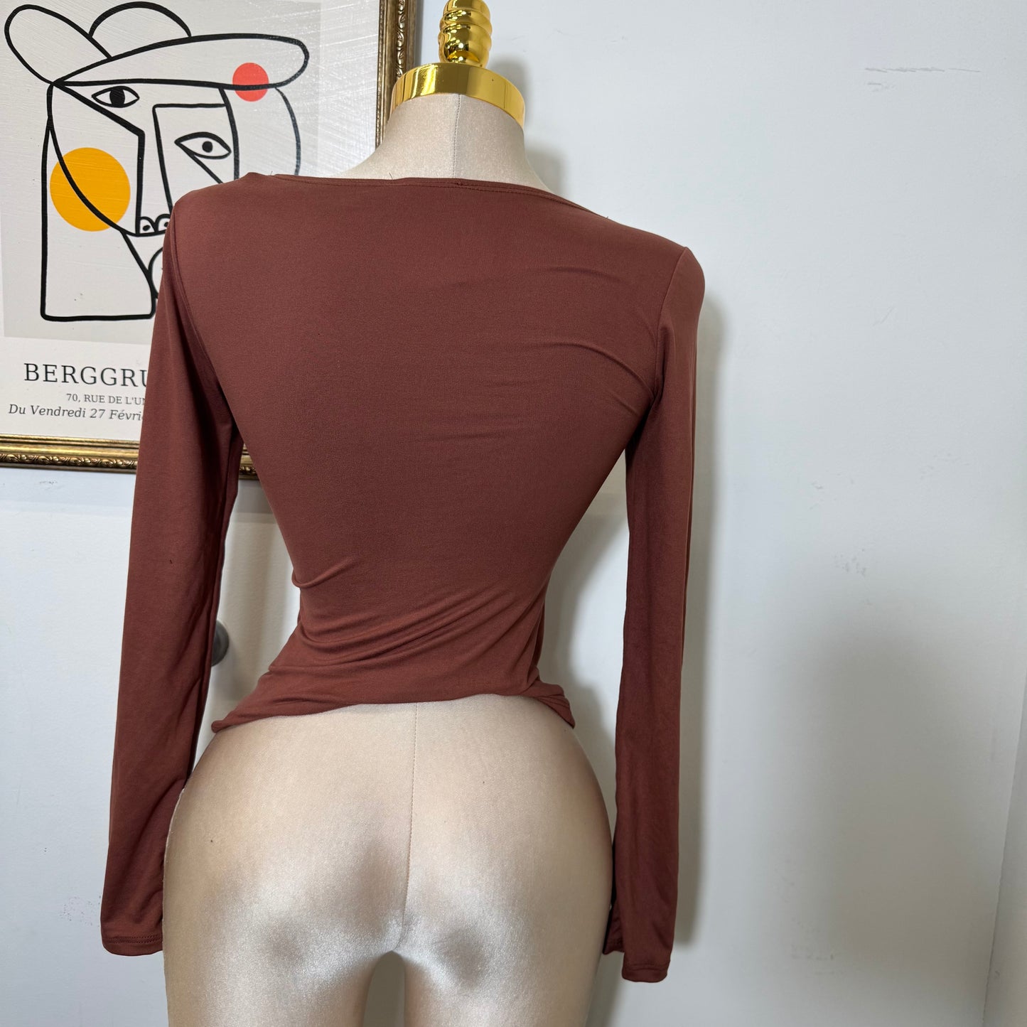 Square Neck Long Sleeve Double Layered Top-Brown