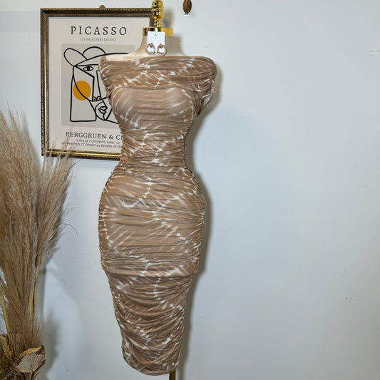 Off Shoulder Mesh Dress-Brown