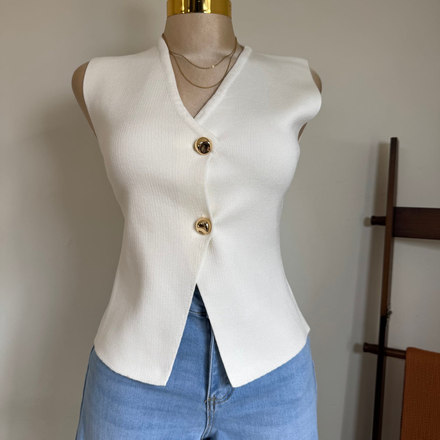 Gold Buttons knit Vest- Ivory