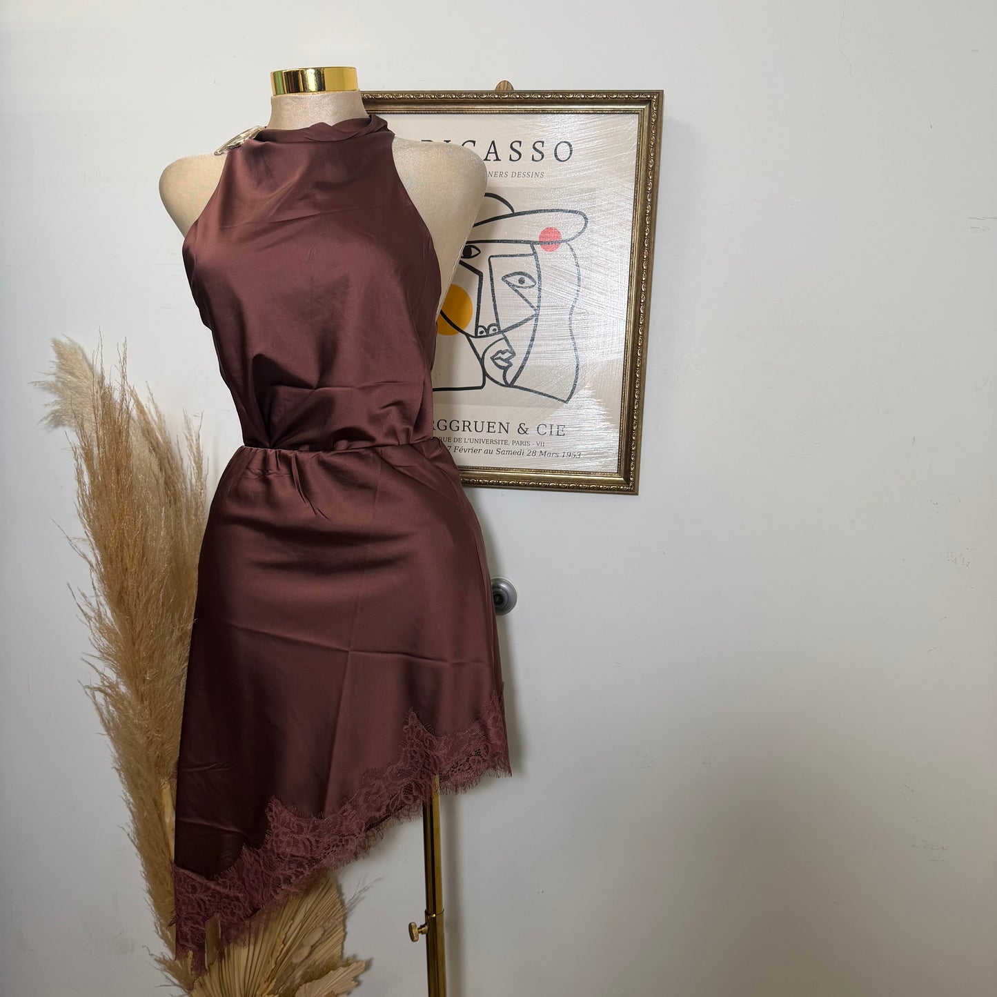 Asymmetrical lace trim midi Skirt-brown
