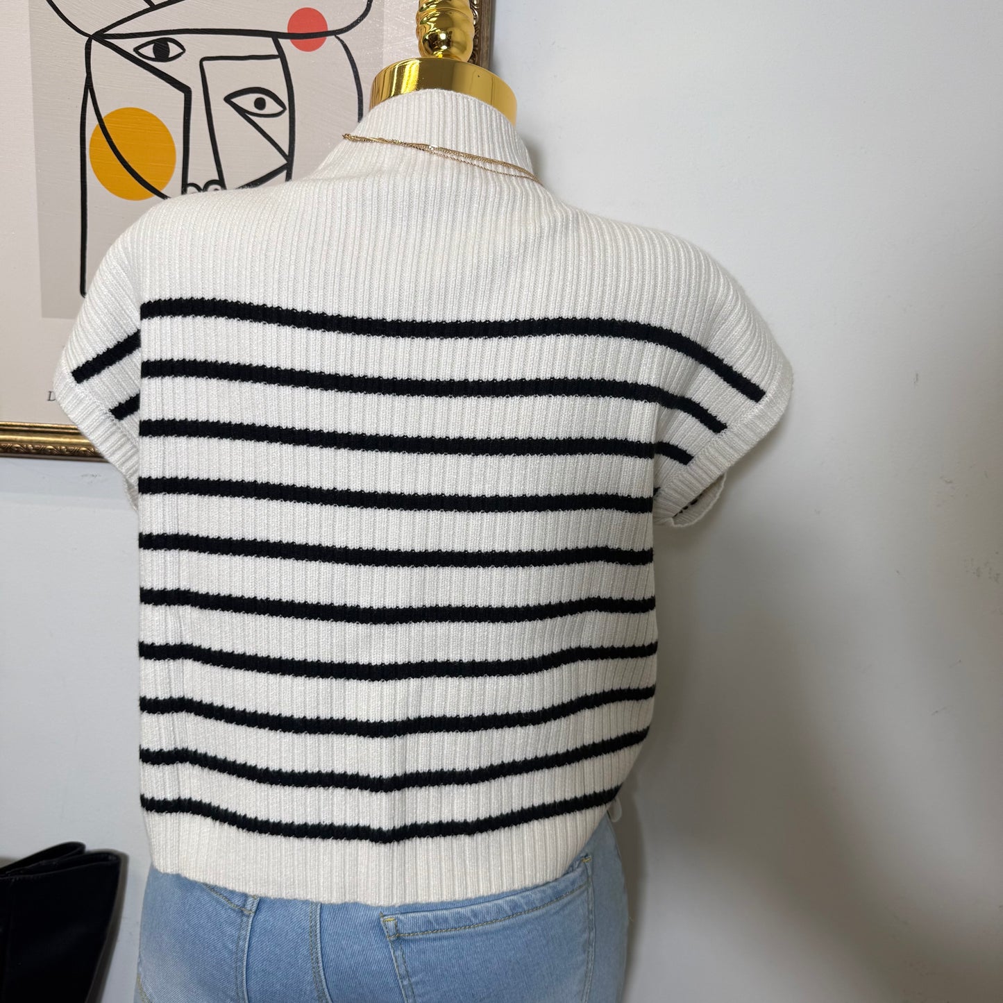 Stripe Mock Neck Short Sleeve Knit Sweater-Ivory