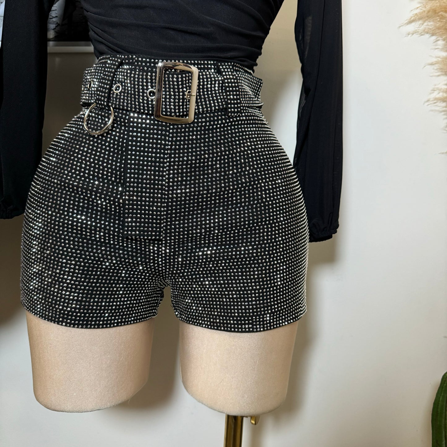 Rhinestone Black Shorts-Silver