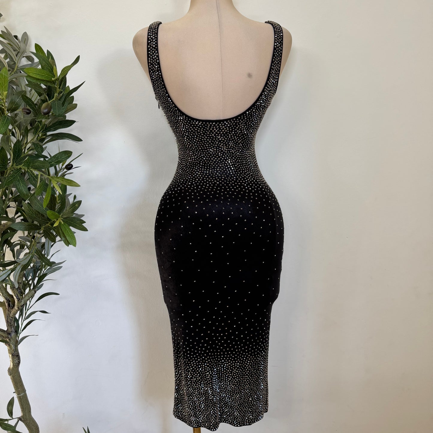 Rhinestone Midi Dress Square Neck Sleeveless-Black