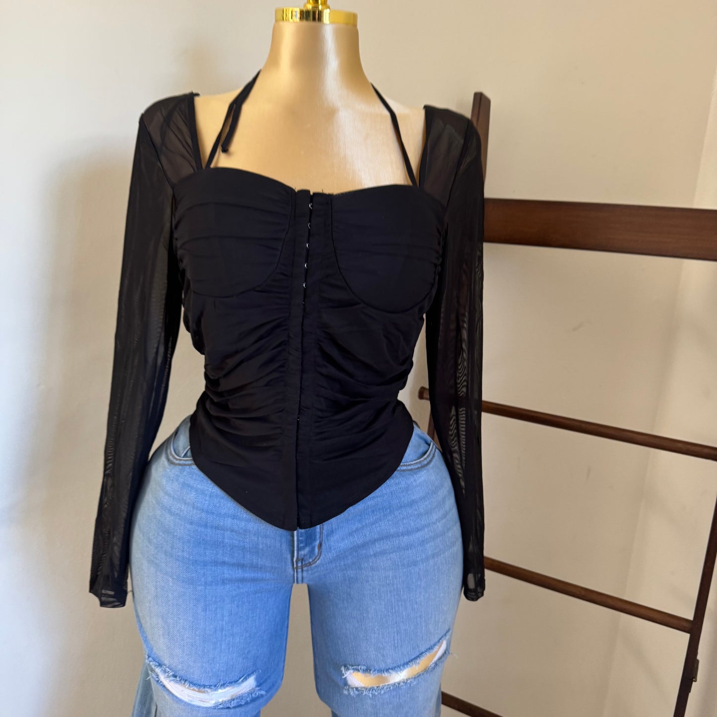 Long Sleeve Corset Top-Black