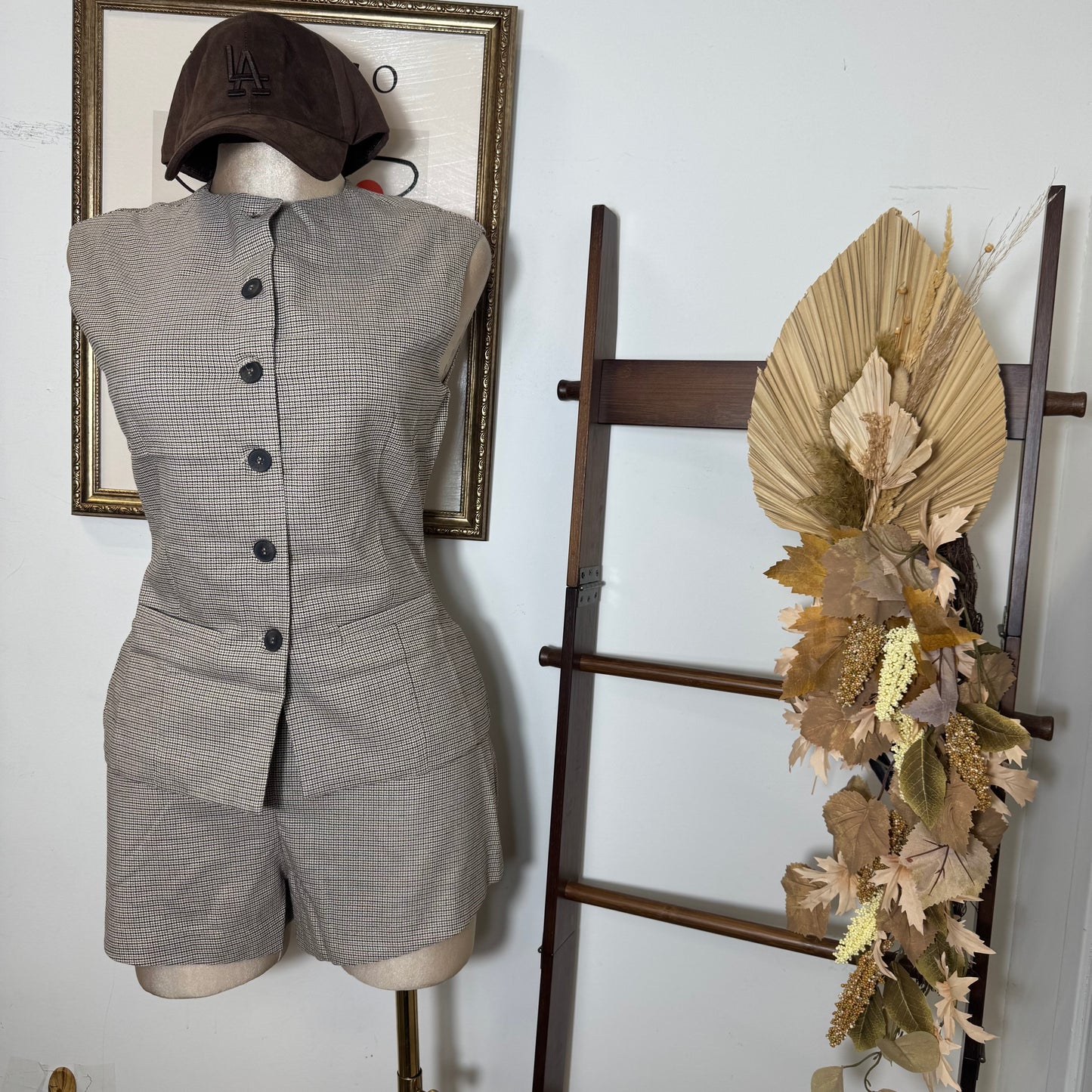 Checked High Waisted Shorts-Taupe