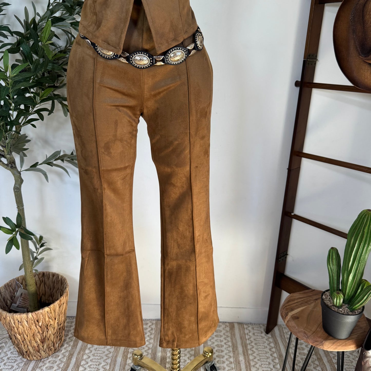 Suede Flare Pants-Tan