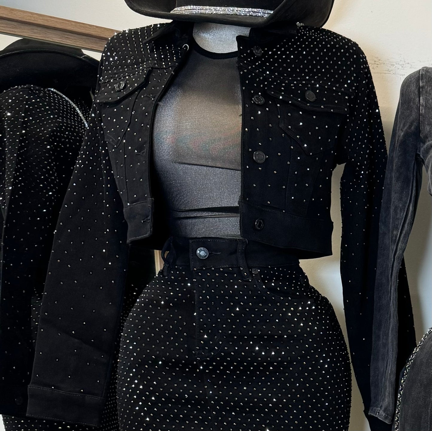 Denim Rhinestone Cropped Jacket-Black1