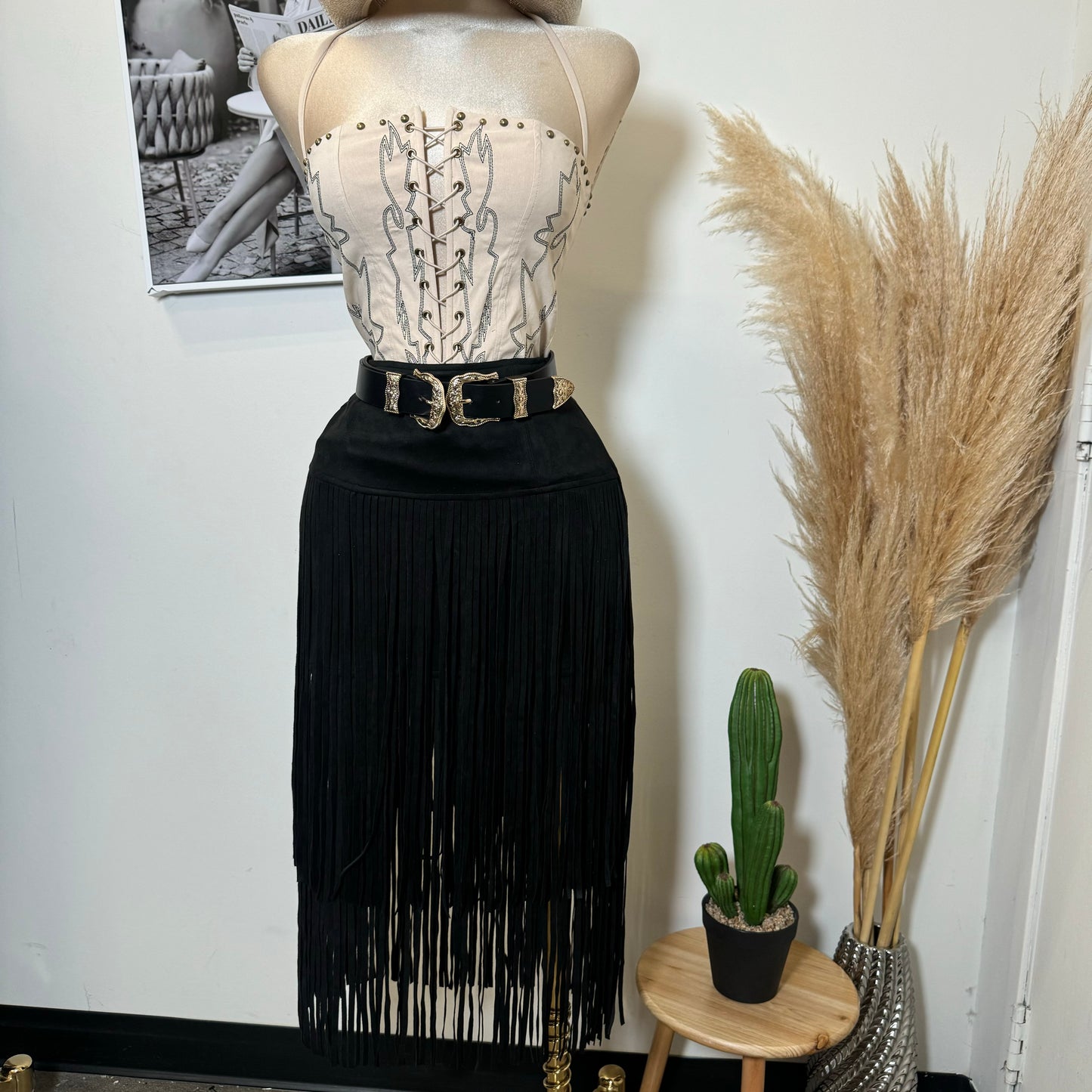 Tiered Fringe Midi Skirt Faux Suede-Black