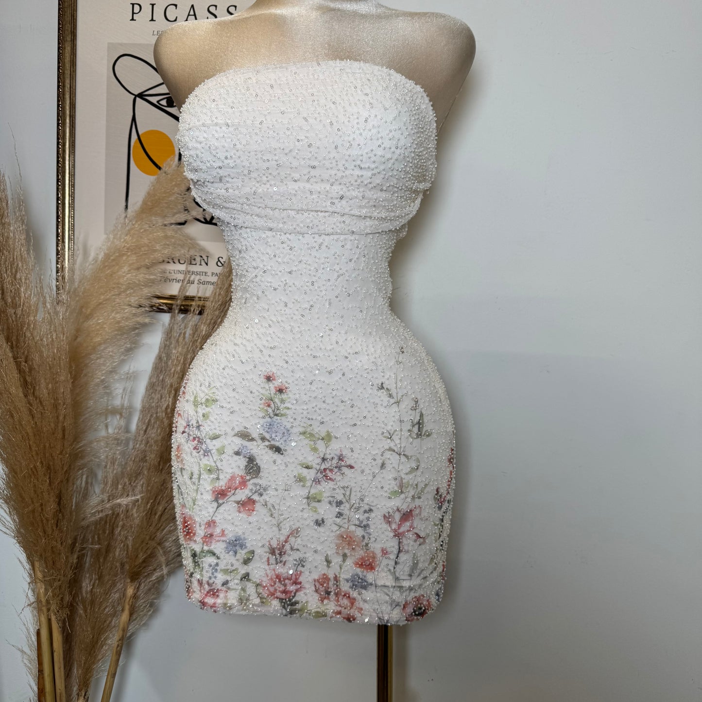Mesh with Beads Floral Print Tube Dress