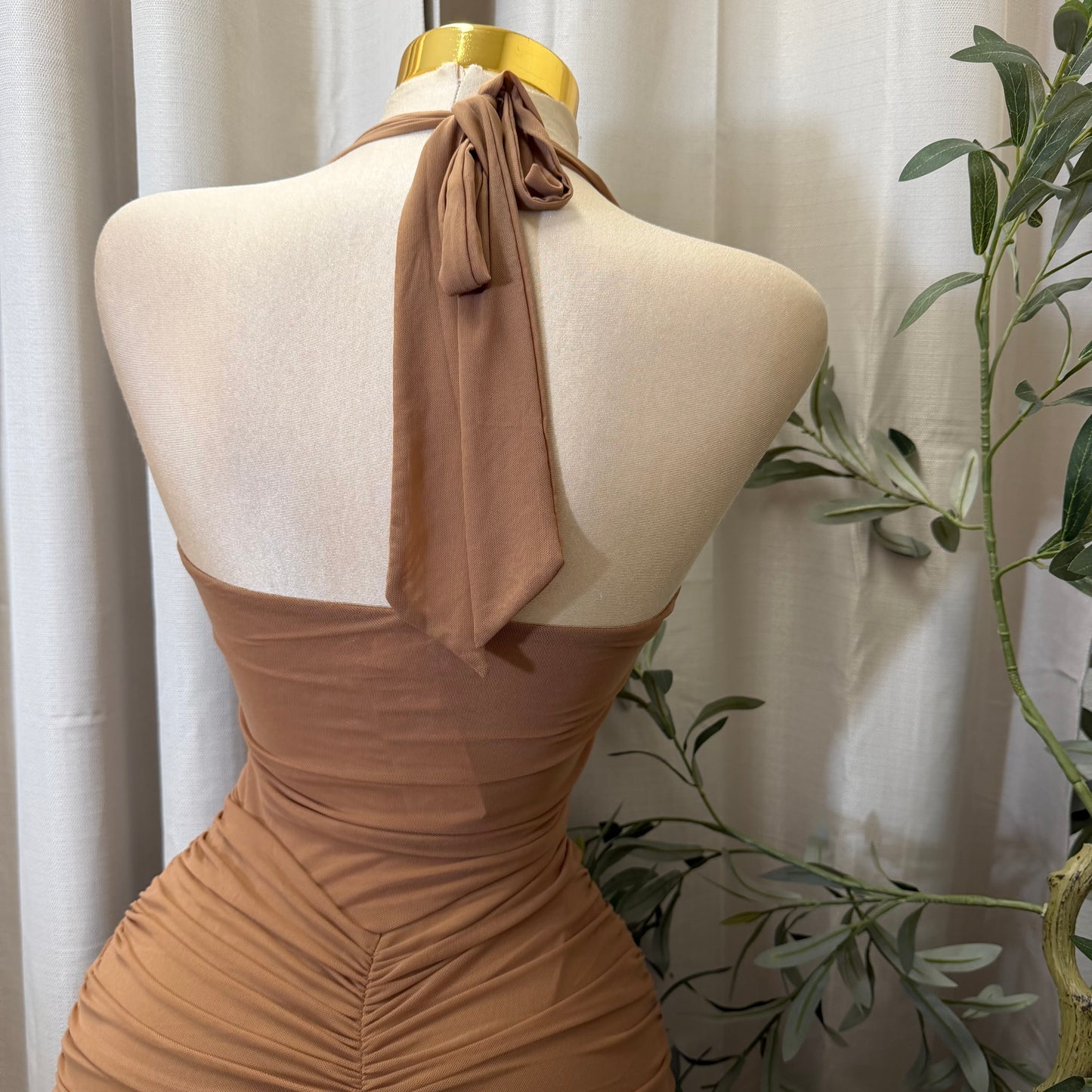 HALTER TWIST FRONT DRAPED MAXI DRESS-Brown