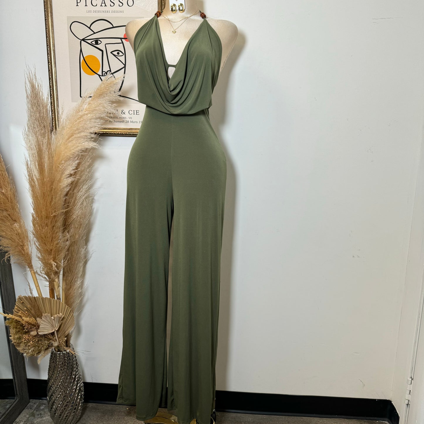 Bead Cowl Neck Halter Jumpsuit-Green