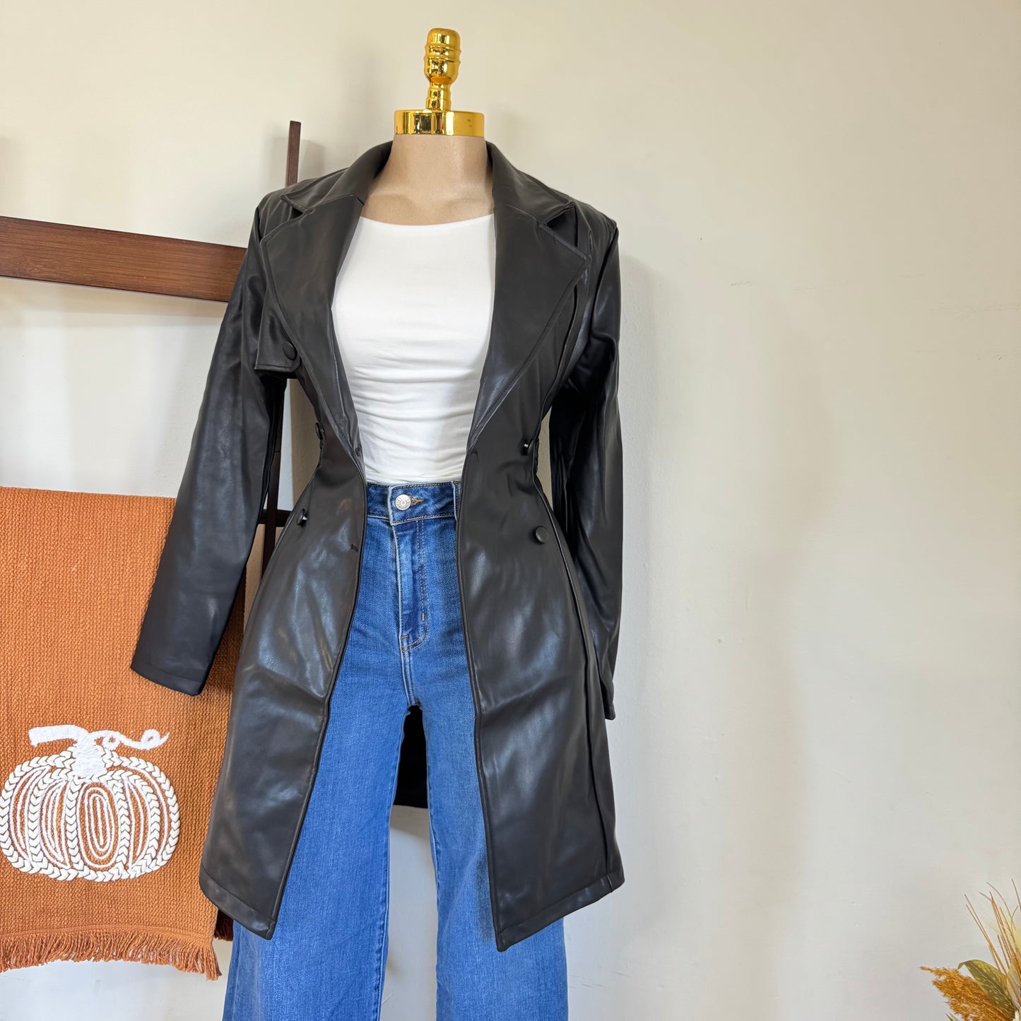 PU double Breasted Belted Trench Coat-Black
