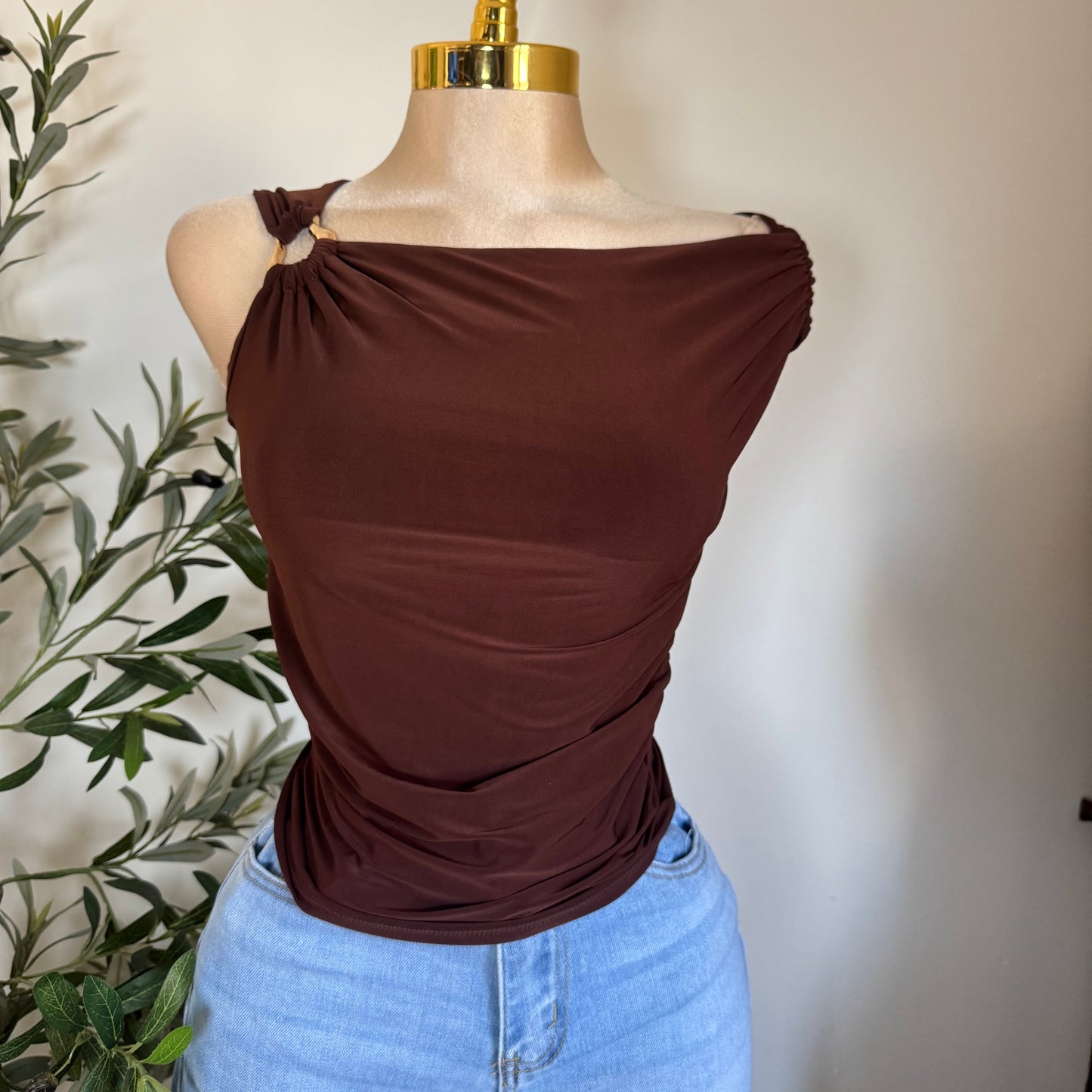 Asymmetrical Top with Gold Detail -Brown