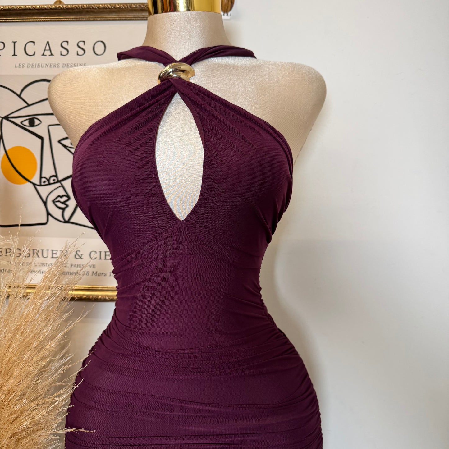Halter Neck Trim Inset Ruched Bodycon Midi Dress-Plum
