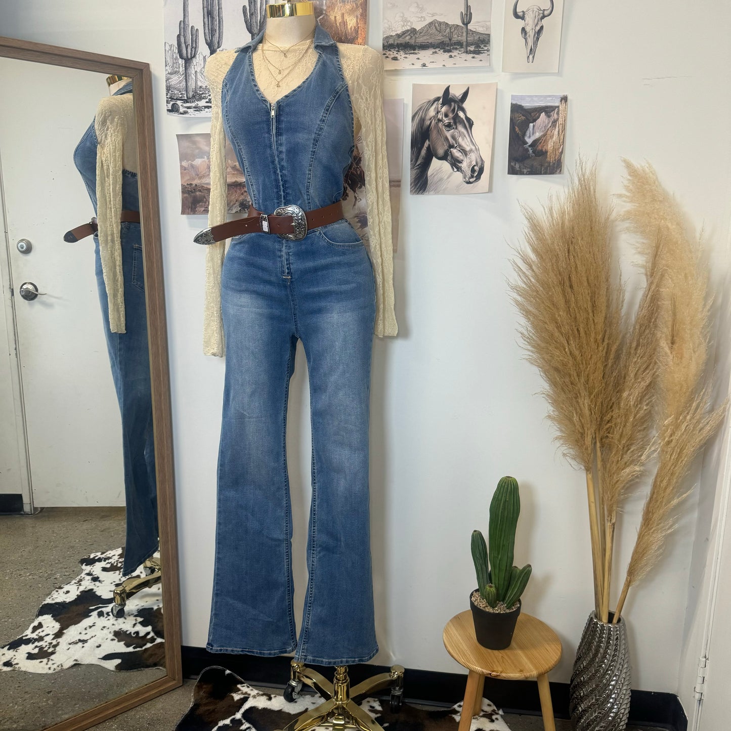 Rodeo Halter Flare Jumpsuit-Denim